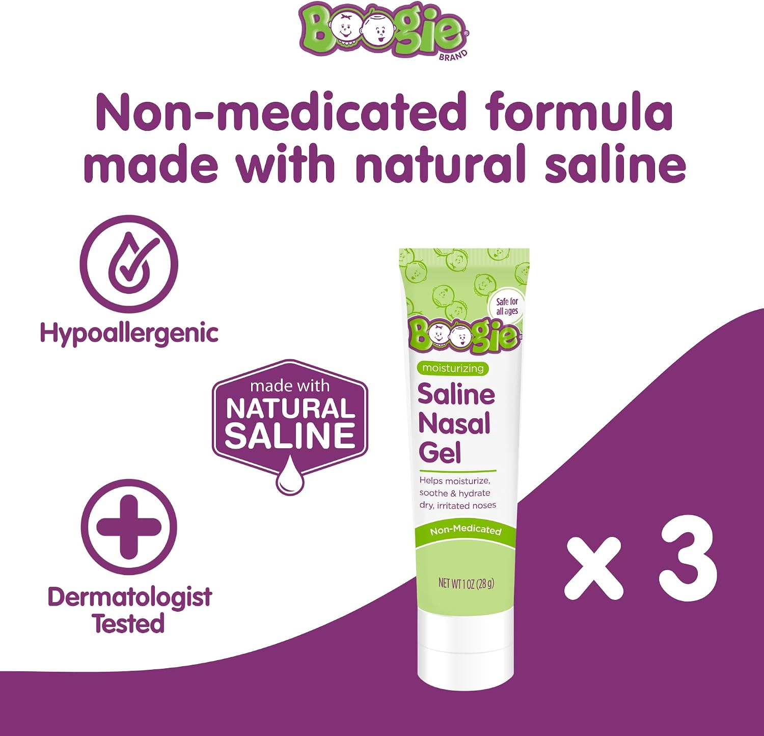 Boogie Moisturizing Saline Nasal Gel for Babies & Kids - 1 oz (3 Pack) | Fragrance Free - Drug-Free Formula - Made with Aloe and Natural Saline - Soothes and Hydrates Dry or Irritated Noses