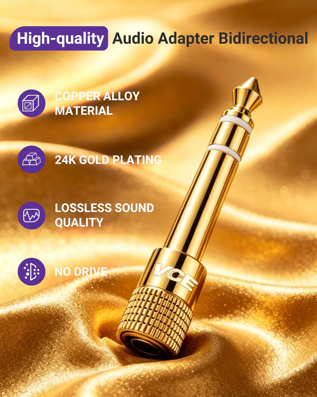 VCE 3.5mm to 1/4 Adapter Stereo Headphone Adapter, 24K Gold-Plated, 2-Pack | Seamless Audio Connection, Premium Sound Fidelity, Secure TRS Connection for Aux Cable, Guitar Amplifier, Headphone