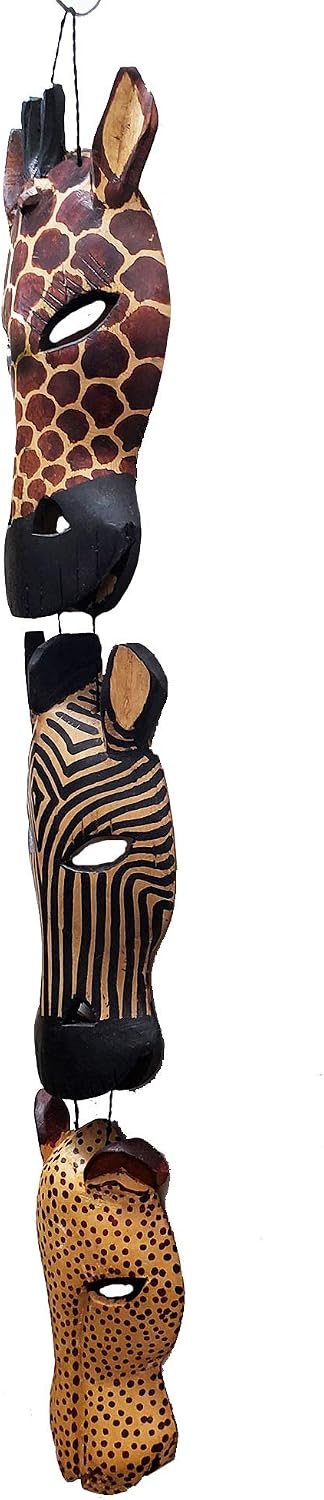 African Masks Wall Hanging Art Hand Carving Safari Décor Wall Head Sculpture Wild Animal Faces Strung Together For A Majestic Display (4A Face)