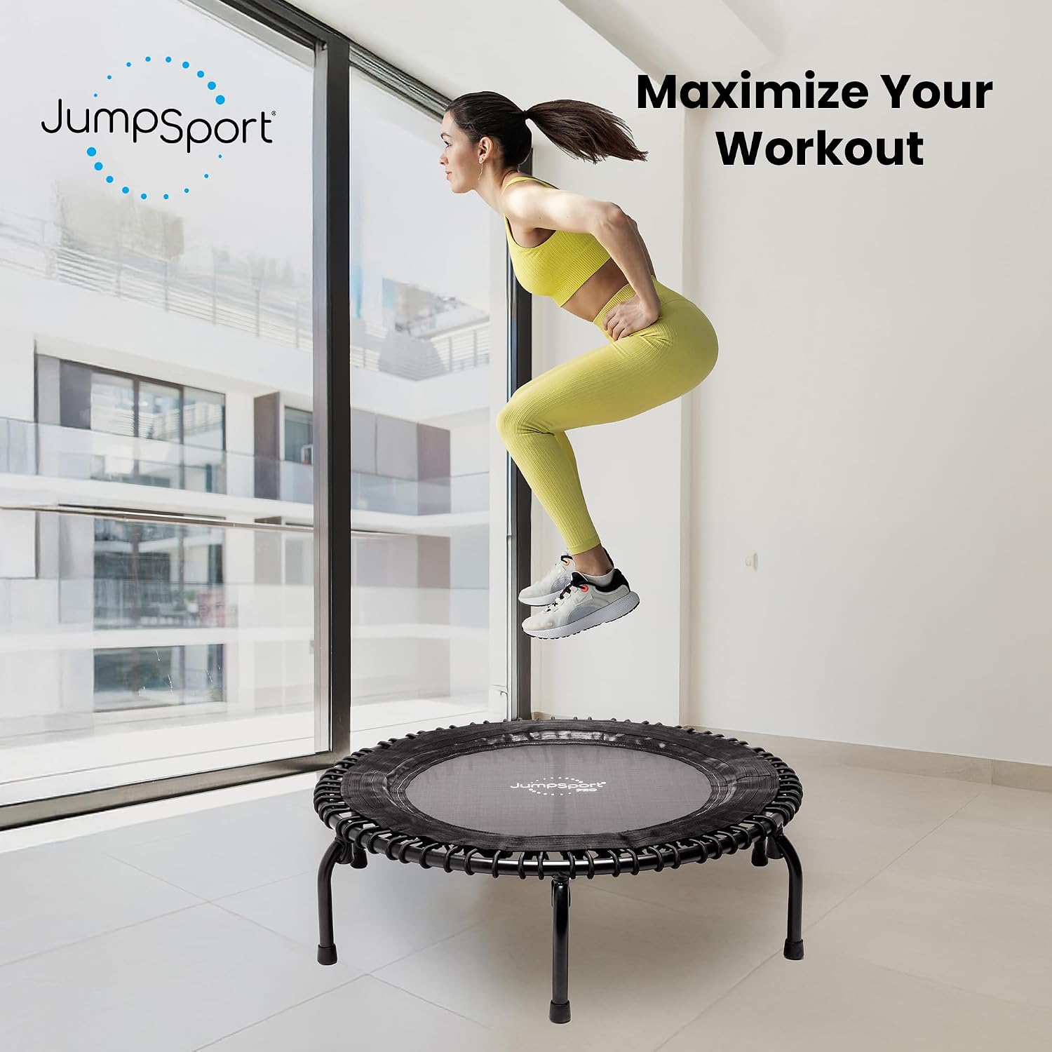 JumpSport 550 Workout Rebounder for Adults, 44" | PRO CE | Mini Exercise Fitness Trampoline Jumper with Cables | Black