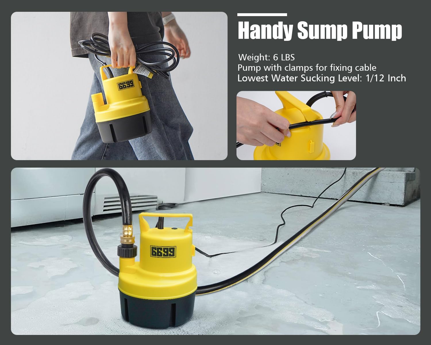 Submersible Sump Pump 1/4 HP 1500GPH Utility Pump Thermoplastic Electric Portable Transfer Water Pump with 10-Foot Cord for Pool Tub Garden Pond