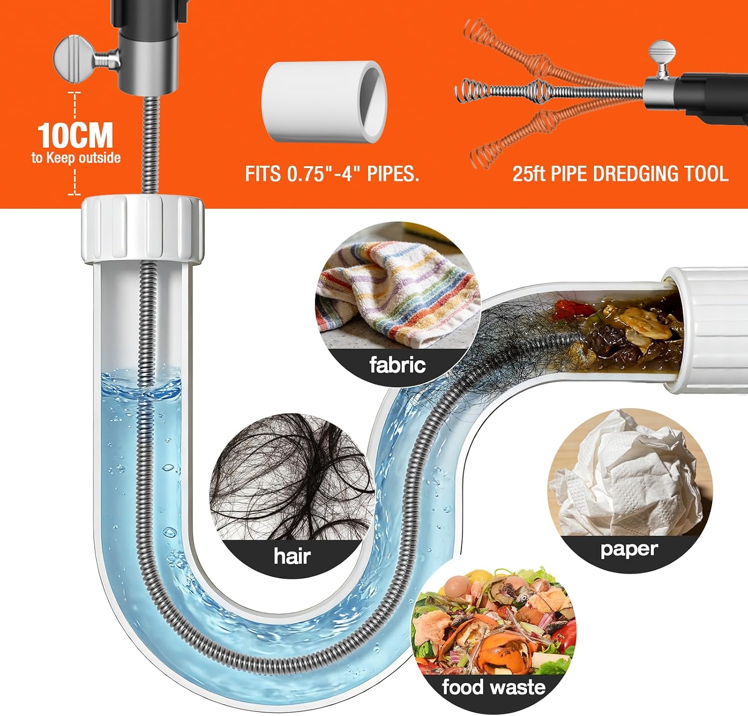 25ft Drain Auger Heavy Duty, Professional Plumbing Snake with Drill Adapter, Manual & Powered Clog Remover for Kitchen, Bathroom, Shower Sink & Bathtub, Flexible Pipe Snake Cleaner with Gloves