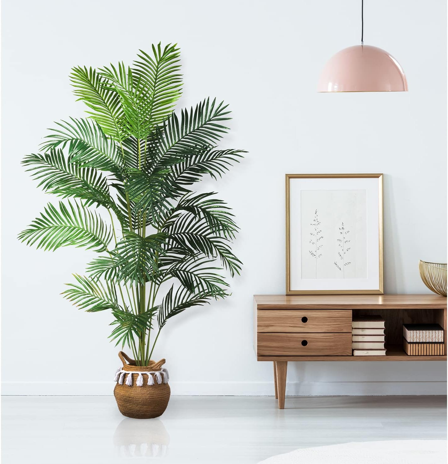Nearly Natural 7 ft Artificial Paradise Palm Tree with Nursery Pot | 21 Feathery Fronds, Realistic Fake Leaves, Includes Black Nursery Planter