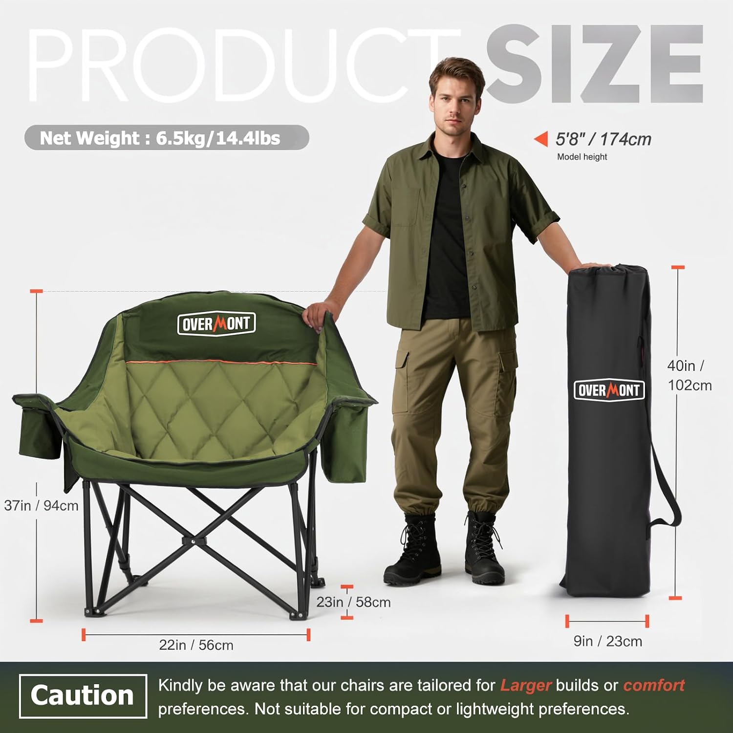 Overmont Oversized XL Camping Chair for Adults - 500lbs Support Heavy-Duty Padded Folding Chair with Side Pocket Cup Holder Cooling Bag for Outdoor Sports Garden Beach Fishing Lawn Black