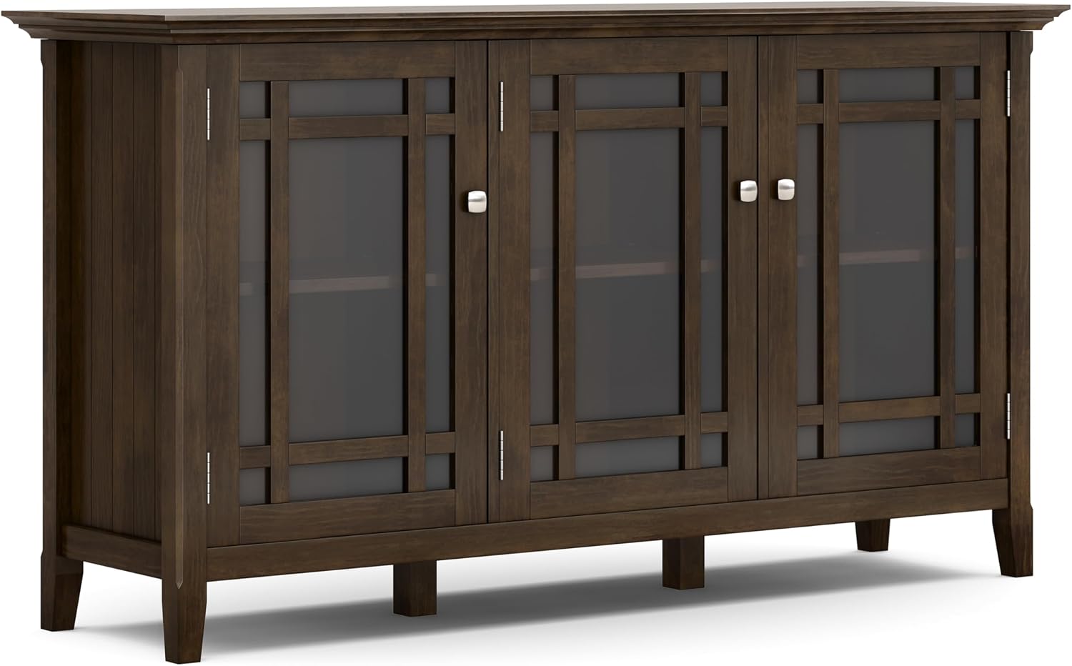 SIMPLIHOME Bedford 62" Wide Solid Wood Sideboard in Brunette Brown | Transitional low media console with glass doors and storage shelves for the living room, entryway or dining room.