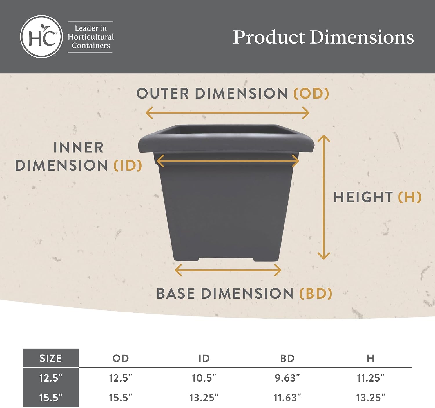 The HC Companies Accent Square Plant Pot w/Drainage - Classic Planters for Outdoor Plants & Indoor Plants - Lightweight & UV-Resistant Square Planter Box (15.5”, Sandstone, Pack of 1)