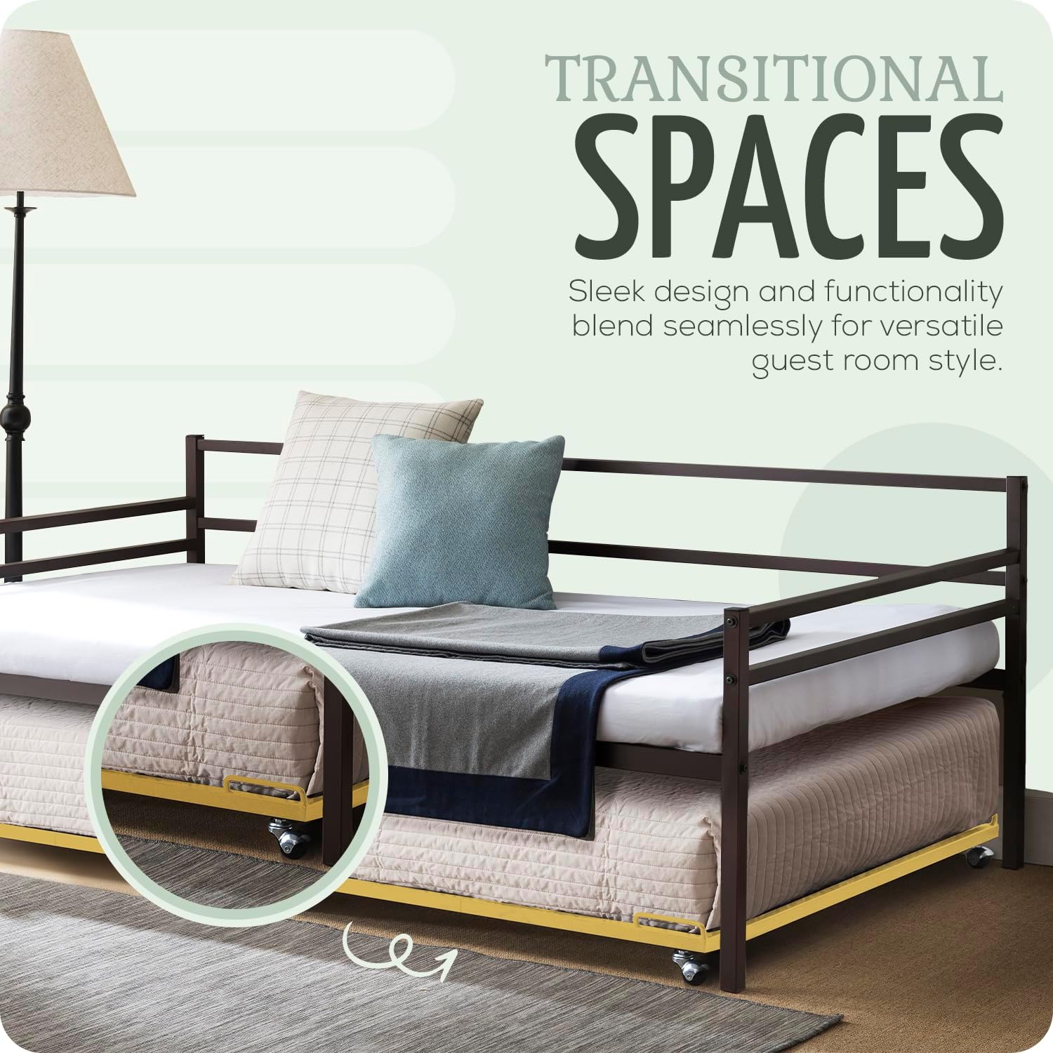 2K Furniture Designs - Twin Size Black Metal Roll Out Trundle Bed Frame for Daybed | Space-Saving Guest Bed - Slides Under Daybeds for Overnight Visitors, Dorms, and Small Spaces