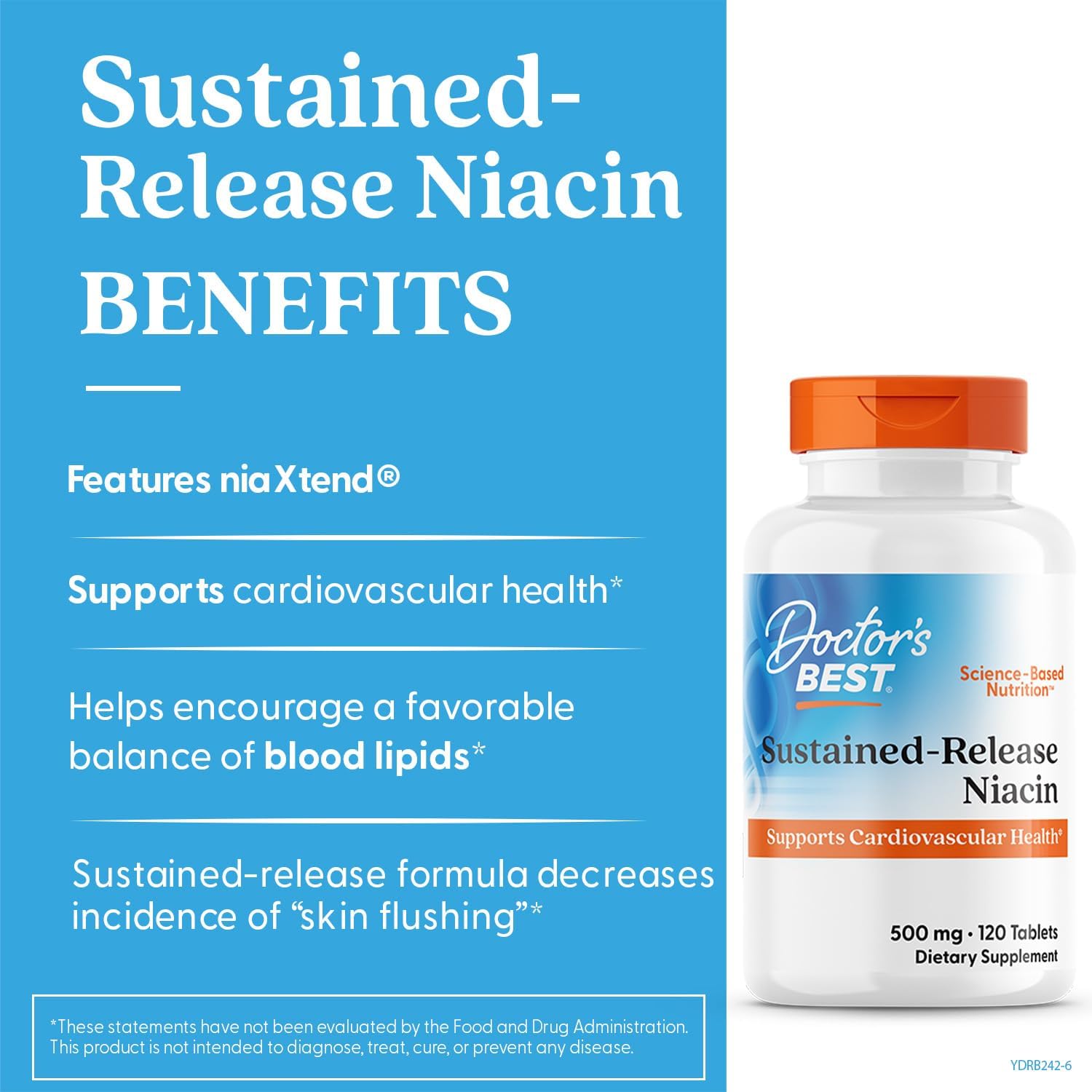 Doctor's Best Niacin 500 mg Extended Release Supplement for Men & Women - Minimizes Skin Flush, Niacin as Nicotinic Acid 500mg