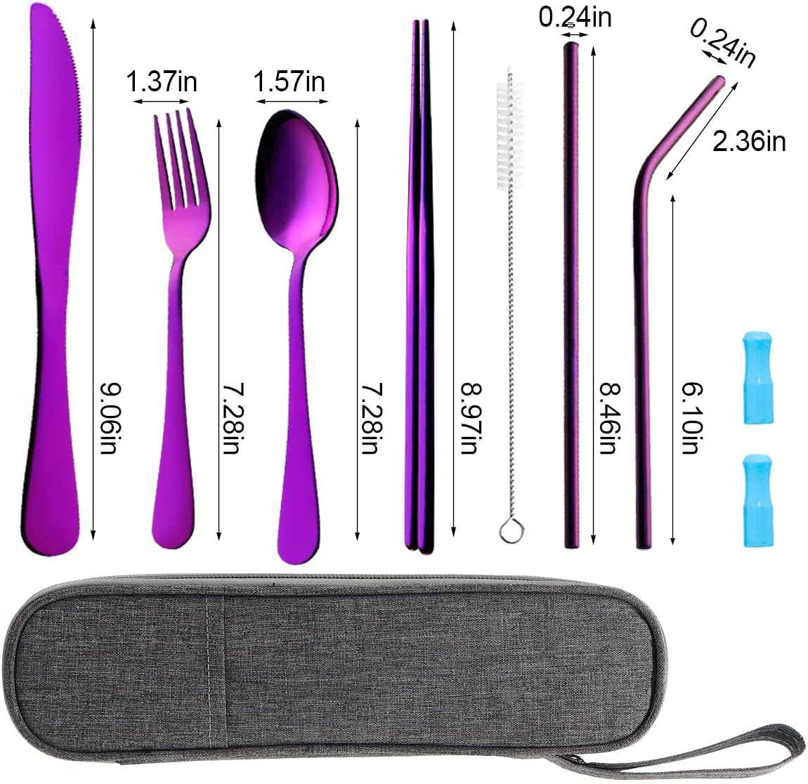 Travel Utensils Set with Case Reusable Portable Cutlery Set Stainless Steel 8pcs Including Dinner Knife Fork Spoon Chopsticks Straws(Rainbow)