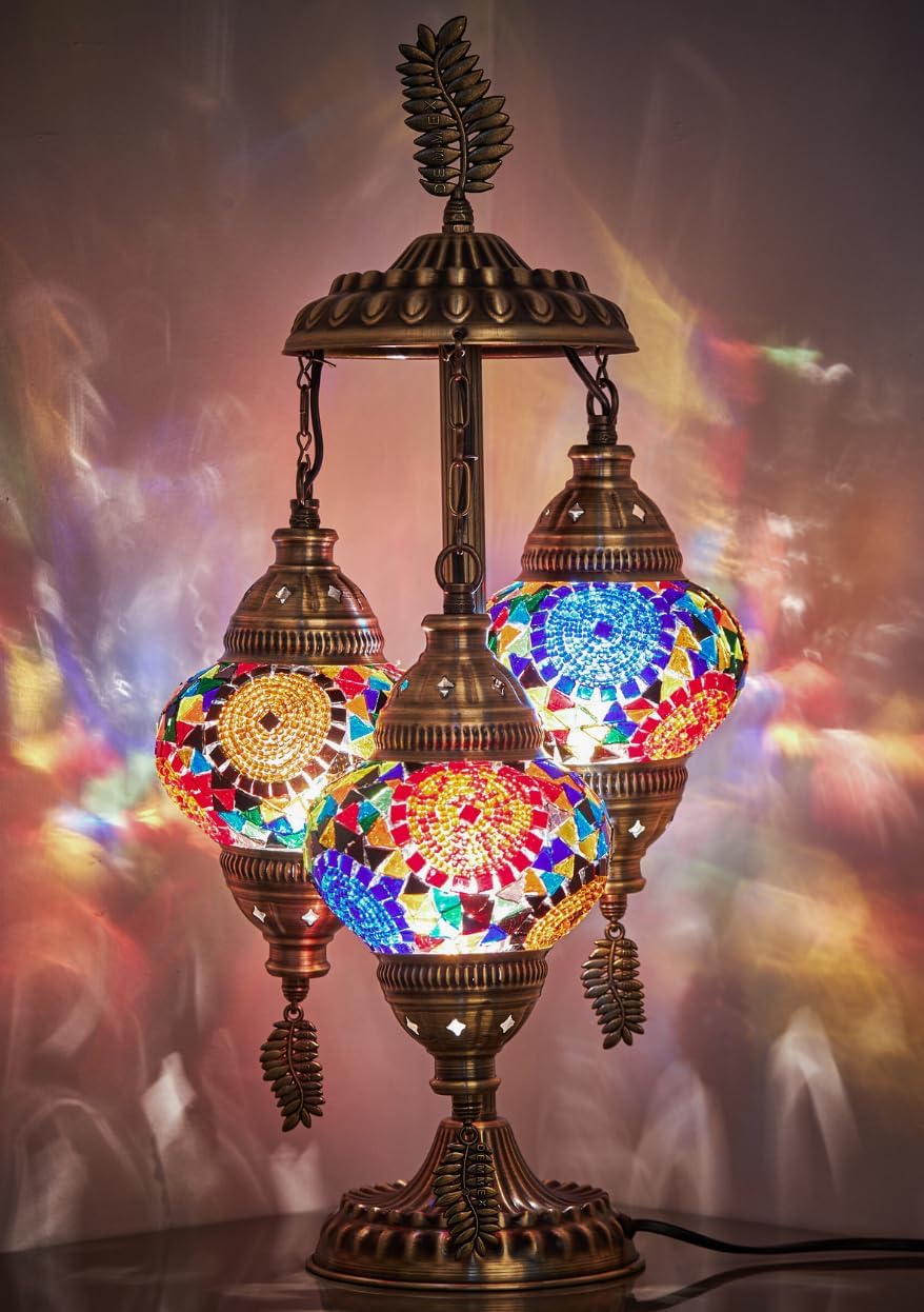 DEMMEX 3-Globe Turkish Moroccan Table Lamp, Tiffany Mosaic Glass Bedside Night Light, Handmade Colorful Mosaic Glass Globes & Antique Brass Finish Base, 21" H, Multicolor