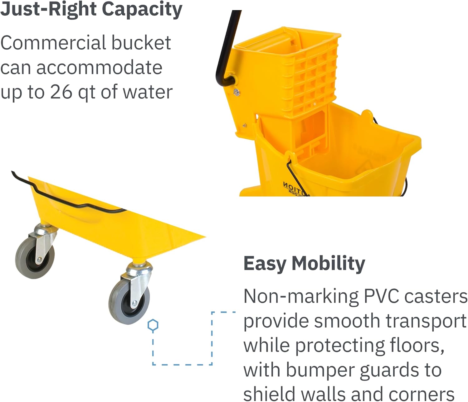 Carlisle FoodService Products 26 Qt Mop Bucket with Side Wringer, Yellow | 18.5 x 16.5 x 16.5 Inches, 34.25-Inch Handle Height, 50,000-Cycle Wringer, Non-Marking Casters, Assembly Required
