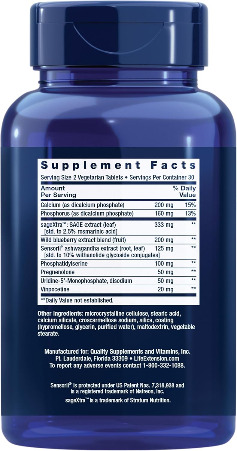 Life Extension Cognitex® Elite Pregnenolone, sage, Blueberry, ashwagandha, phosphatidylserine, Advanced Formula, Attention, Focus, Memory
