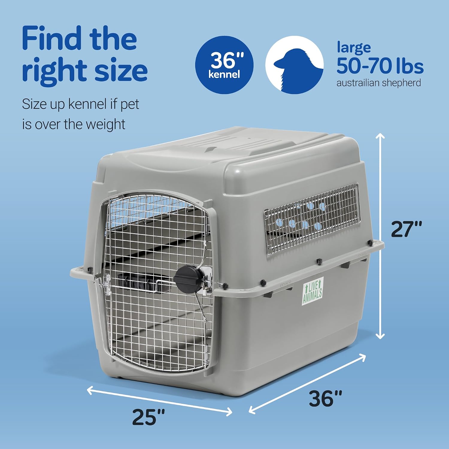 Petmate Sky Kennel - For Air and Travel, Airline Compliant Dog Crate for Pets 50-70 lbs, Heavy Duty Dog Kennel, Made in the USA- 36 Inches