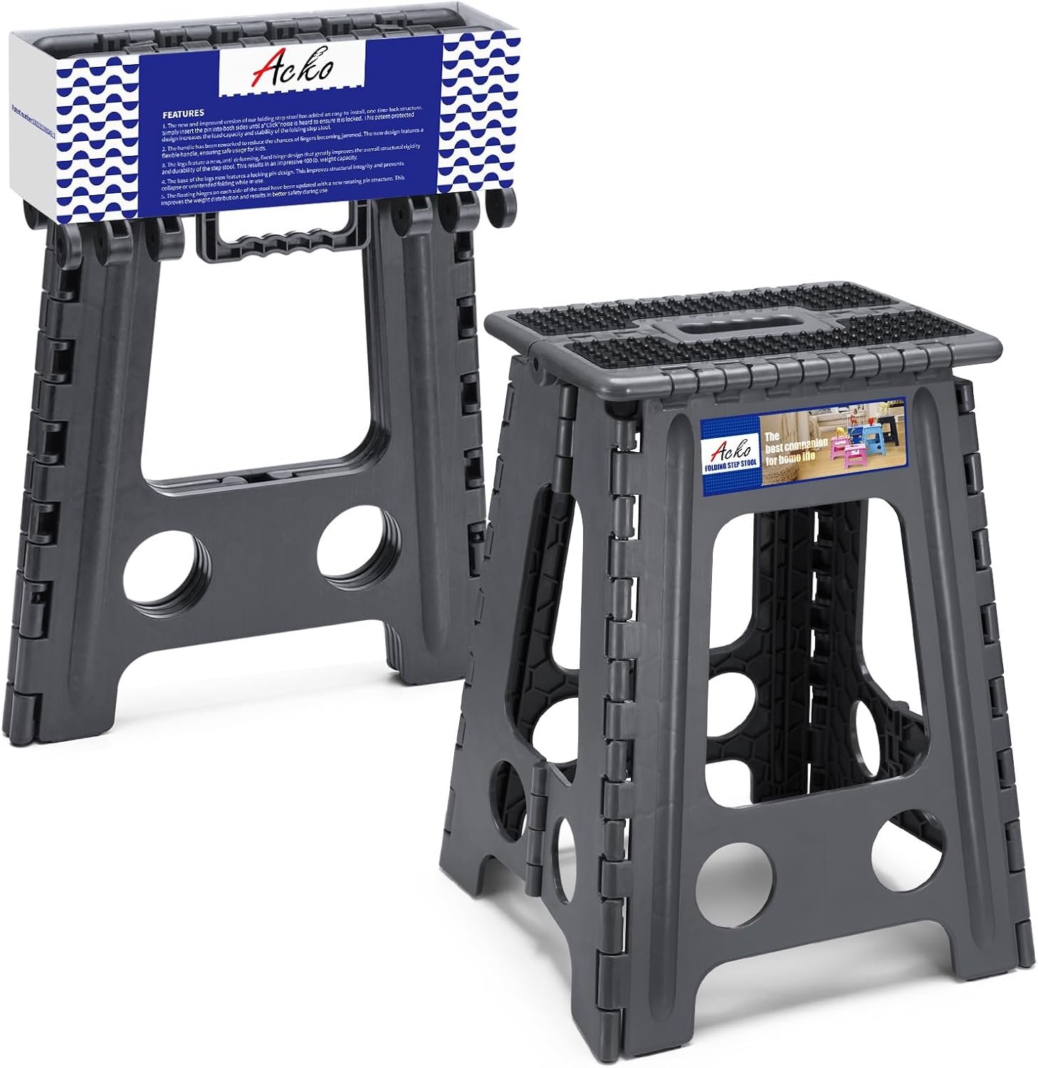 ACKO 13 Inch Folding Step Stool, Holds 300 lb for Adults and Kids, Black | Collapsible Heavy Duty Foldable Stools, Portable Non-Slip Foot Stepping stool, Kitchen Bathroom Bedroom Outdoor with Handle