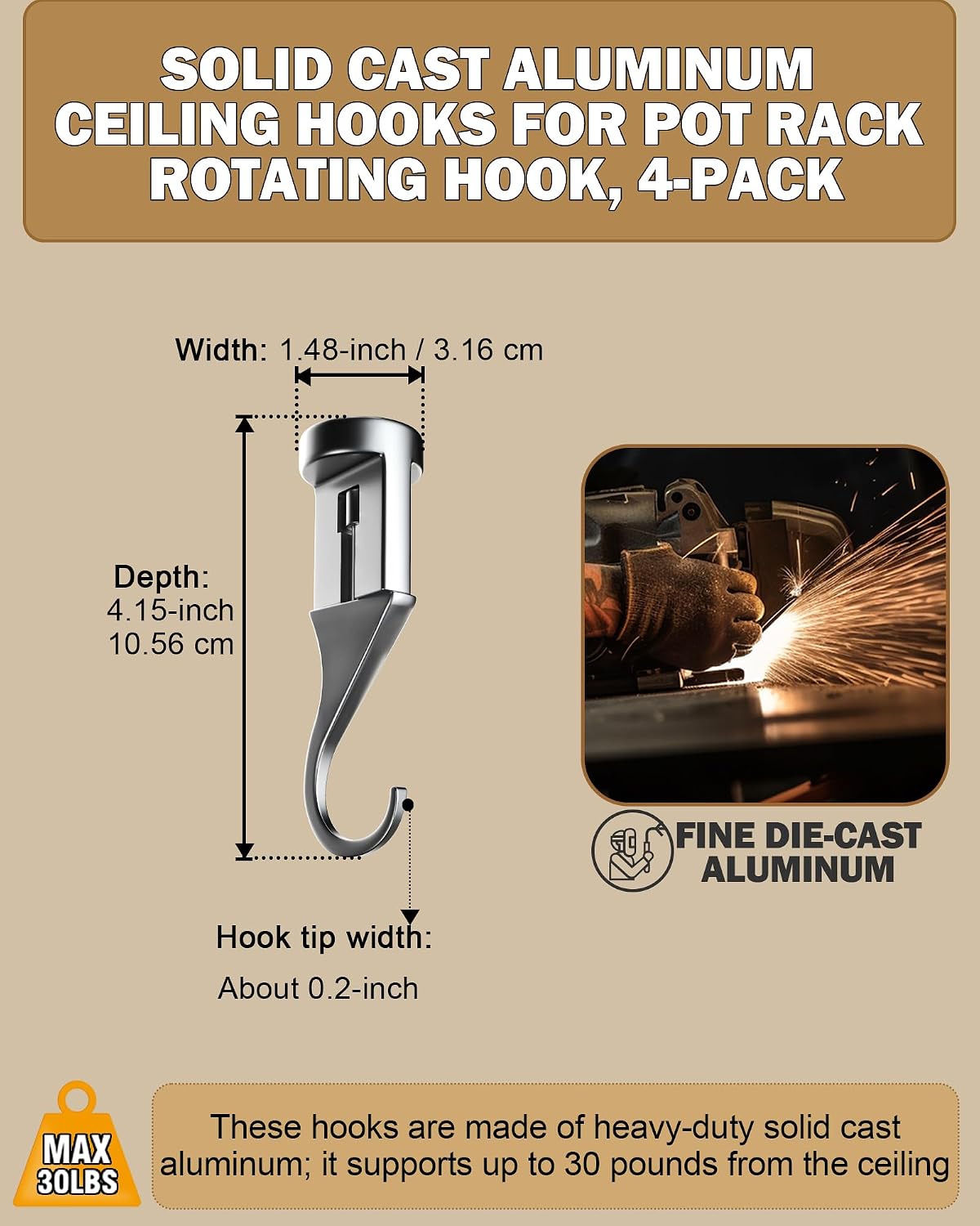 Cooks Standard Classic Hooks, 4 Pack Aluminum Ceiling Hooks for Pot Rack, 30 lbs Max Load Heavy Duty Kitchen Hooks Hanger , Waterproof and Oilproof