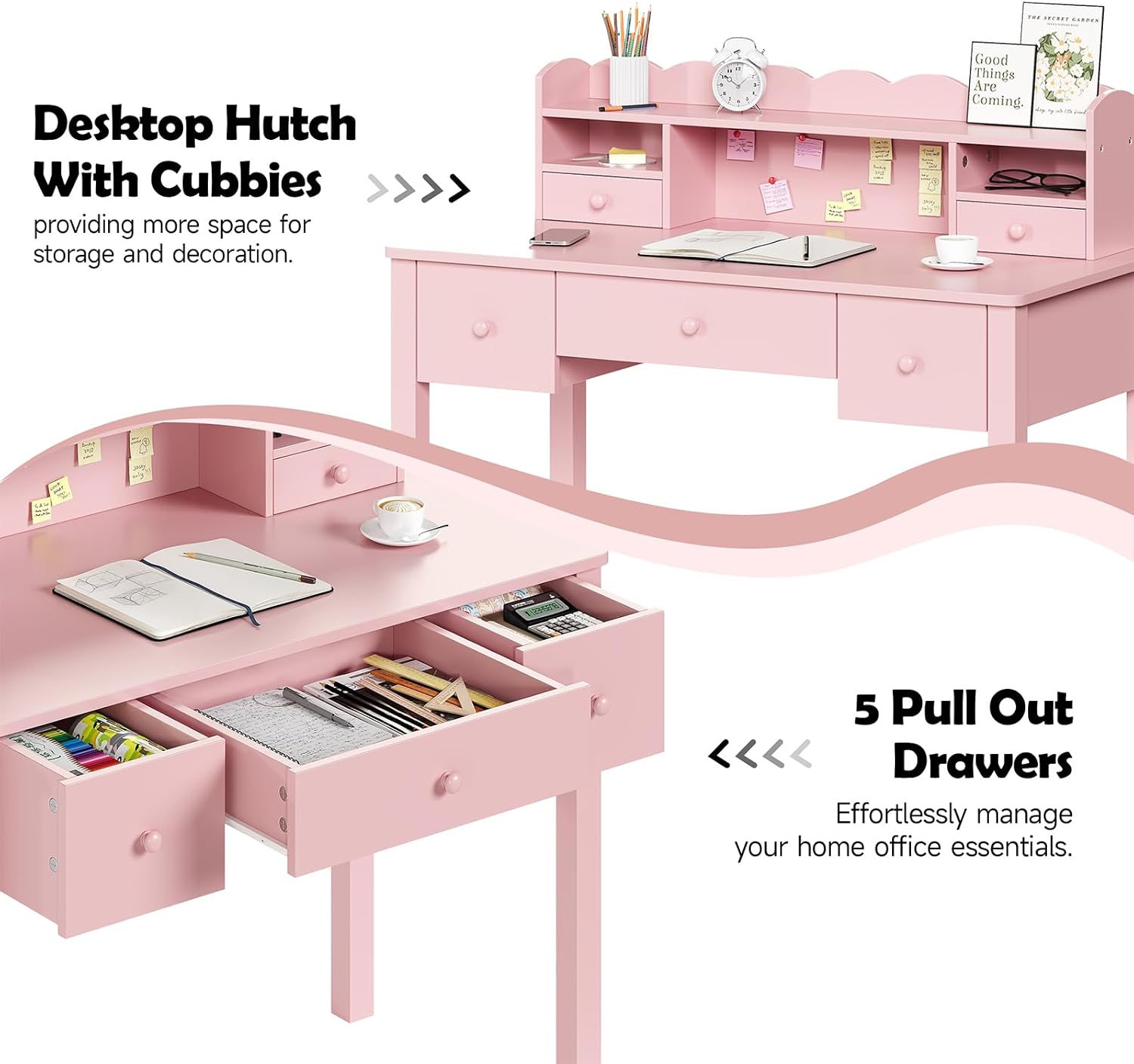 FUNKOCO Writing Desk with Hutch, 40" Small White Desk for Girls, 5 Drawers