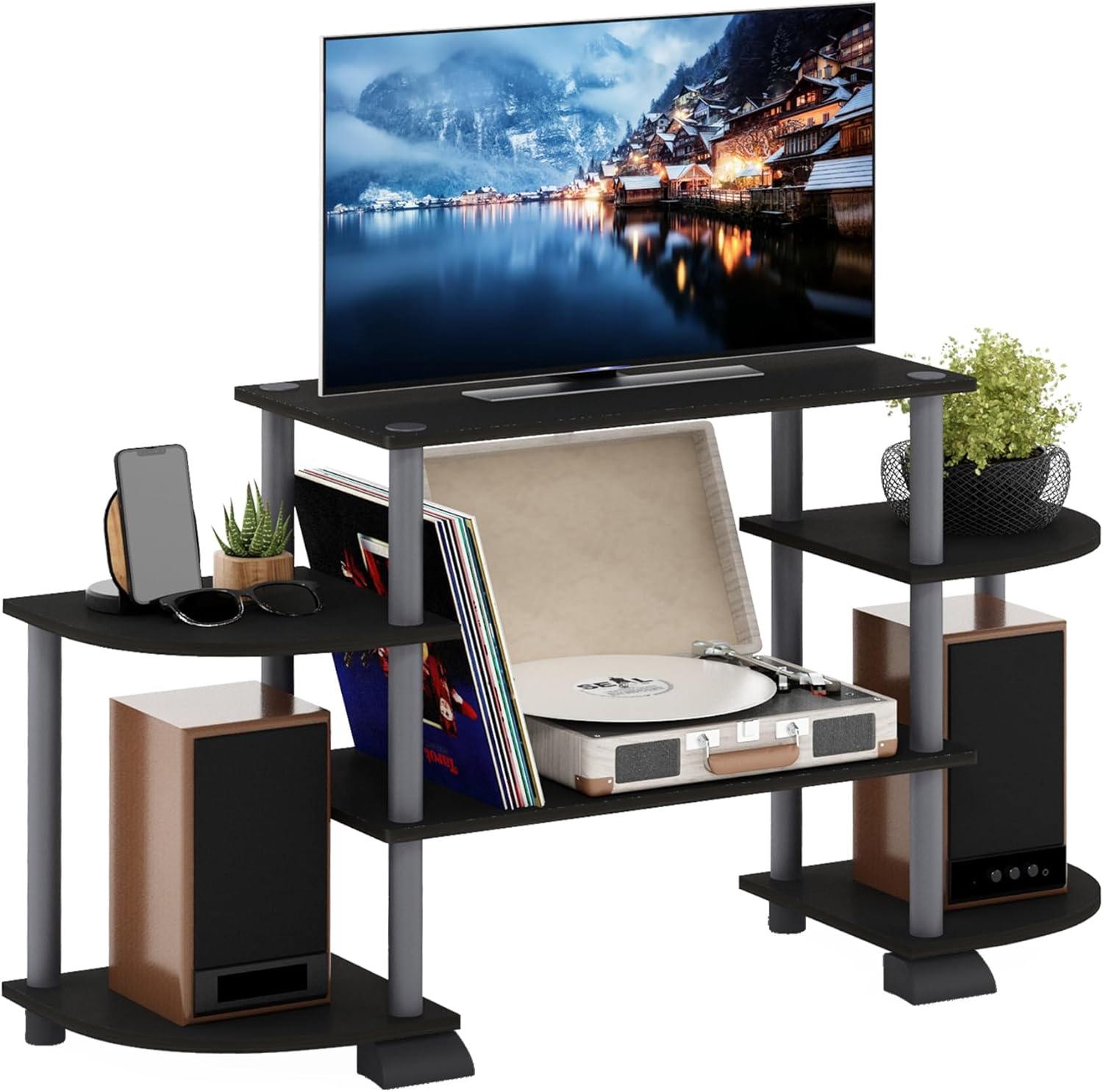 Furinno TURN-S-TUBE 3-Tier TV Stand for TVs up to 55 Inch, French Oak | Toolless Entertainment Center with Open Storage Shelves, Media Console Table with Soundbar Shelf for Living Room, Bedroom