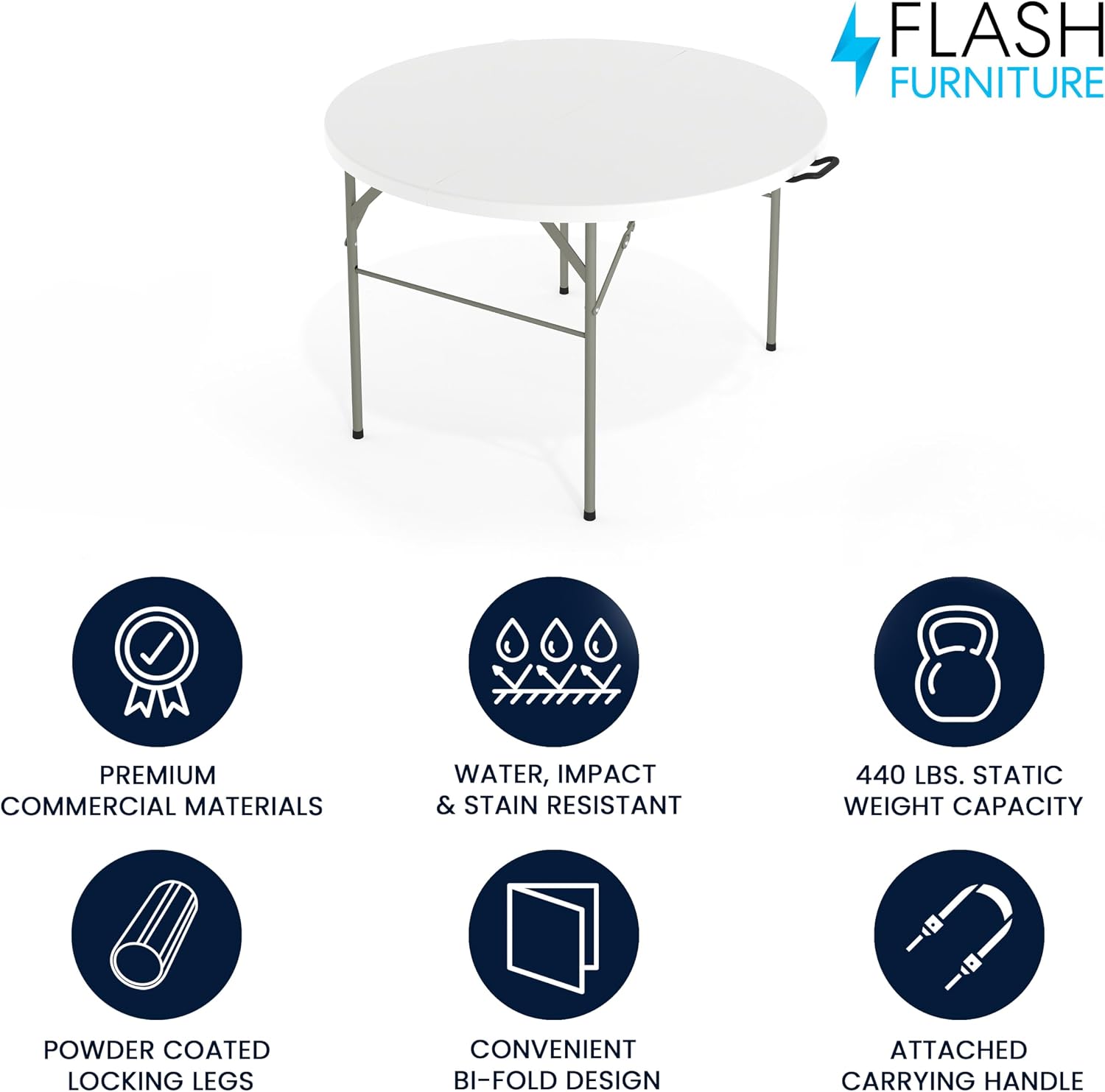 Flash Furniture 5-Foot Round Bi-Fold White Plastic Folding Table | Lightweight, Easy Storage, Commercial Grade, Carrying Handle