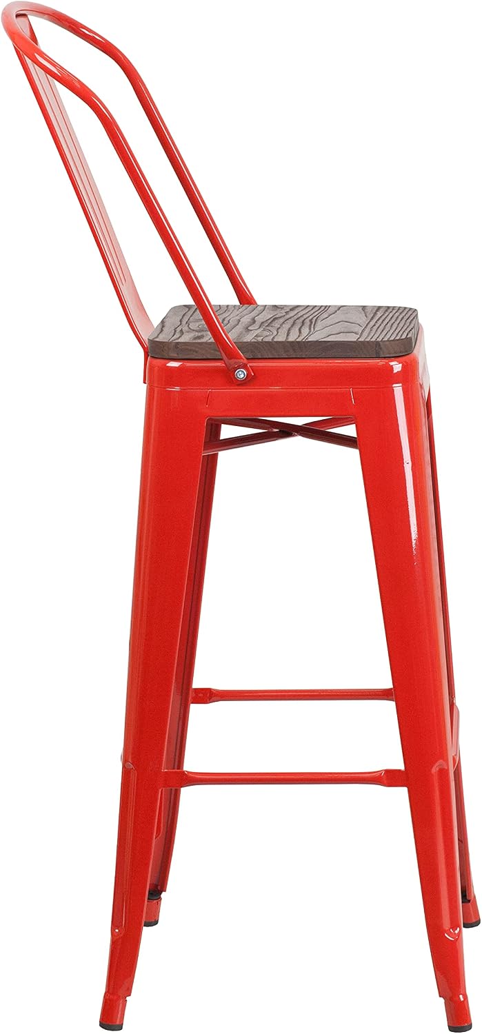 Flash Furniture 30 in Metal Barstool with Back, Blue | Commercial Grade, Removable Back, Indoor/Outdoor Use
