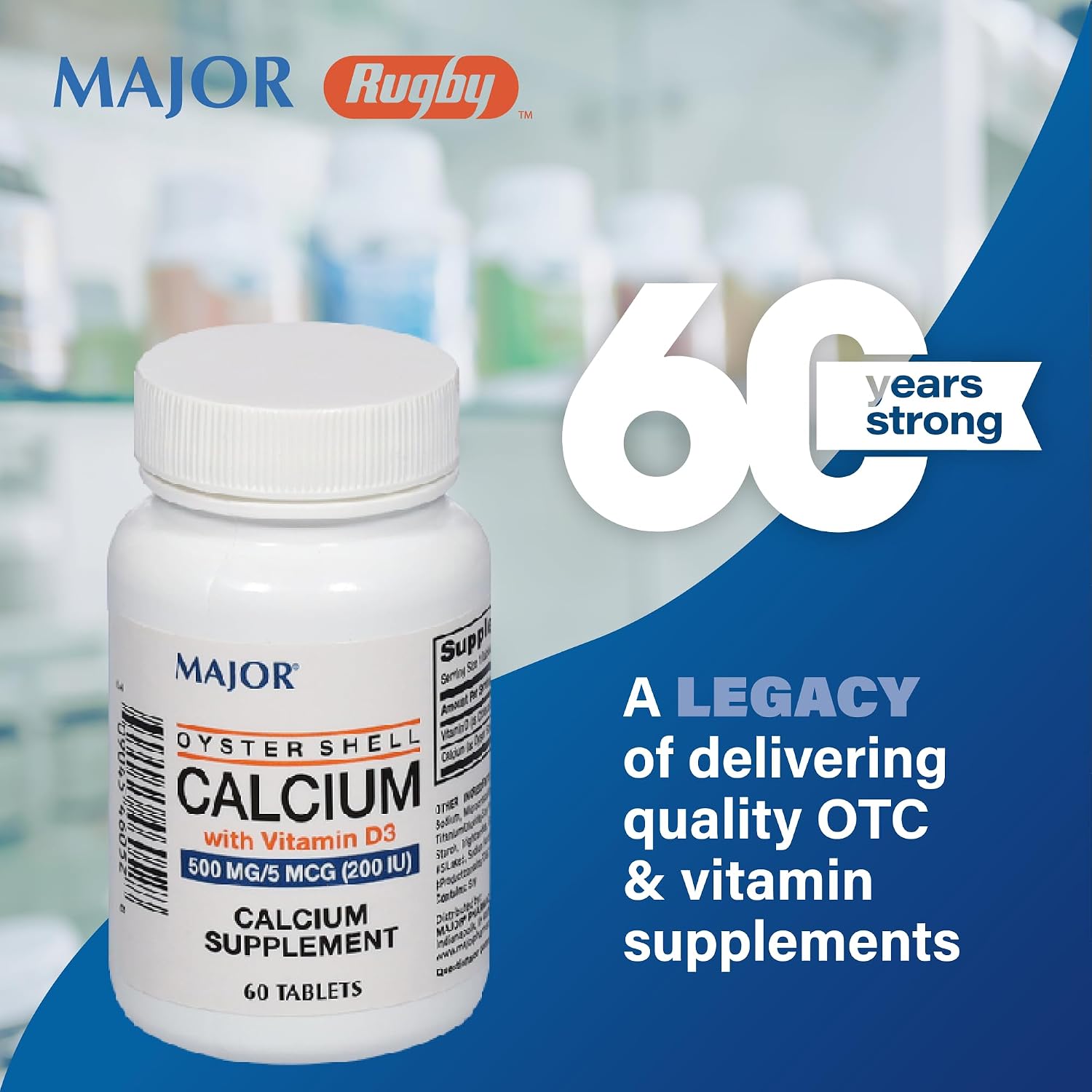 Major Oyster Shell Calcium with Vitamin D3 500 mg / 5 mcg (200 IU) - Calcium Supplement - 60 Tablets