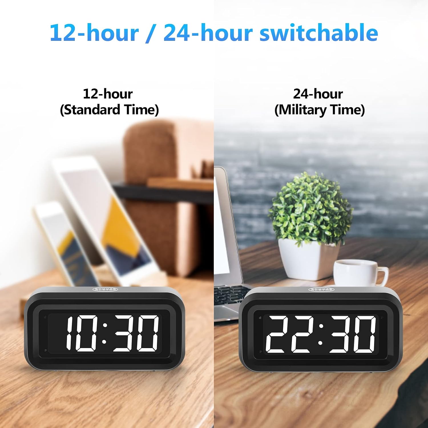 Digital Alarm Clock Battery Operated with LED Display for Bedrooms, Long Battery Life for 12 Months, 3 Brightness Adjustable, 12/24 Hour, Snooze, Black Case with Red Digits
