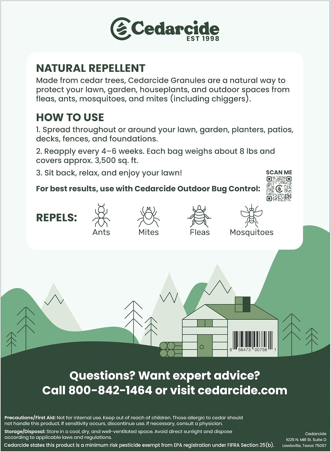 Cedarwood Lawn Patio Granules | Repels Mosquitoes, Ants, Spiders & Chiggers | Smells Great, Easy to Use | 1 Bag (8 Lbs)