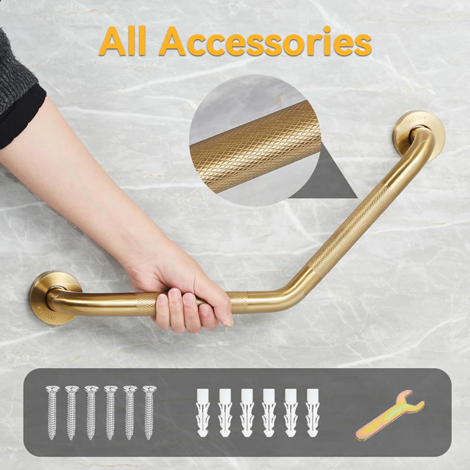 20 Inch Bathroom Grab Bar, Satin Brushed Nickel Angled Grab Bar with Anti-Slip Knurled Grip, Stainless Steel Bath Balance Bar, 1.0" Tube Safety Hand Rail Support, Handicap Elderly Assist Bath Handle
