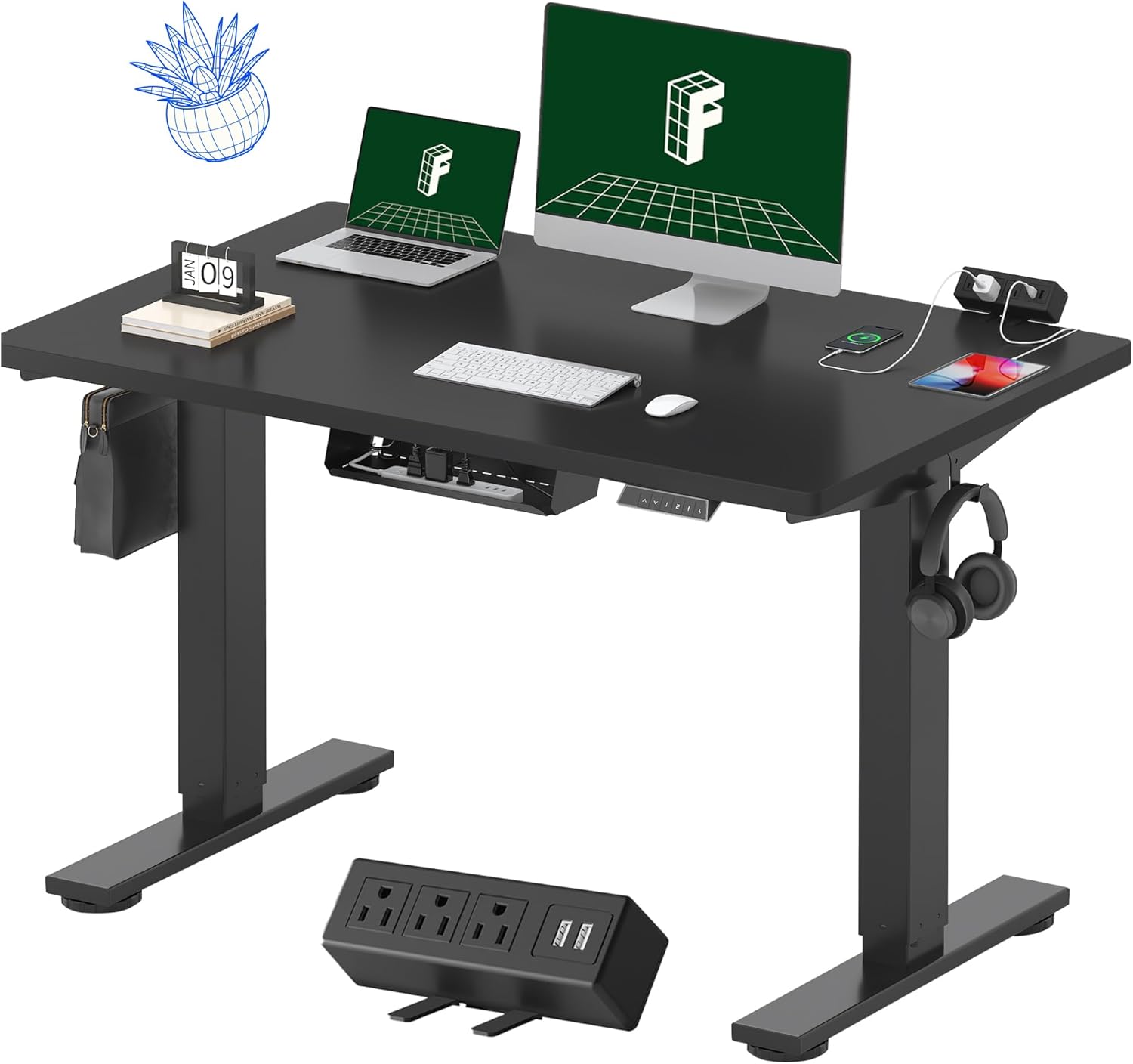 FLEXISPOT EN2 48"x24" Standing Desk with Power Strip Bundle, Black
