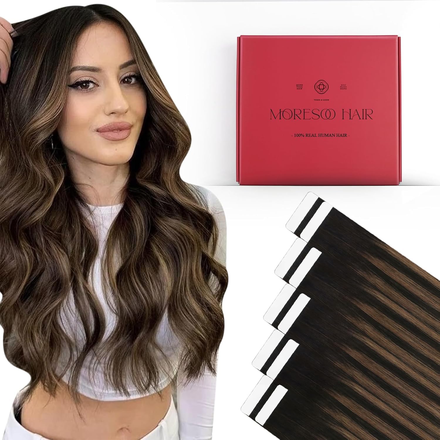 Moresoo Black Tape in Hair Extensions Human Hair, 18 Inch, 20Pcs, 50g