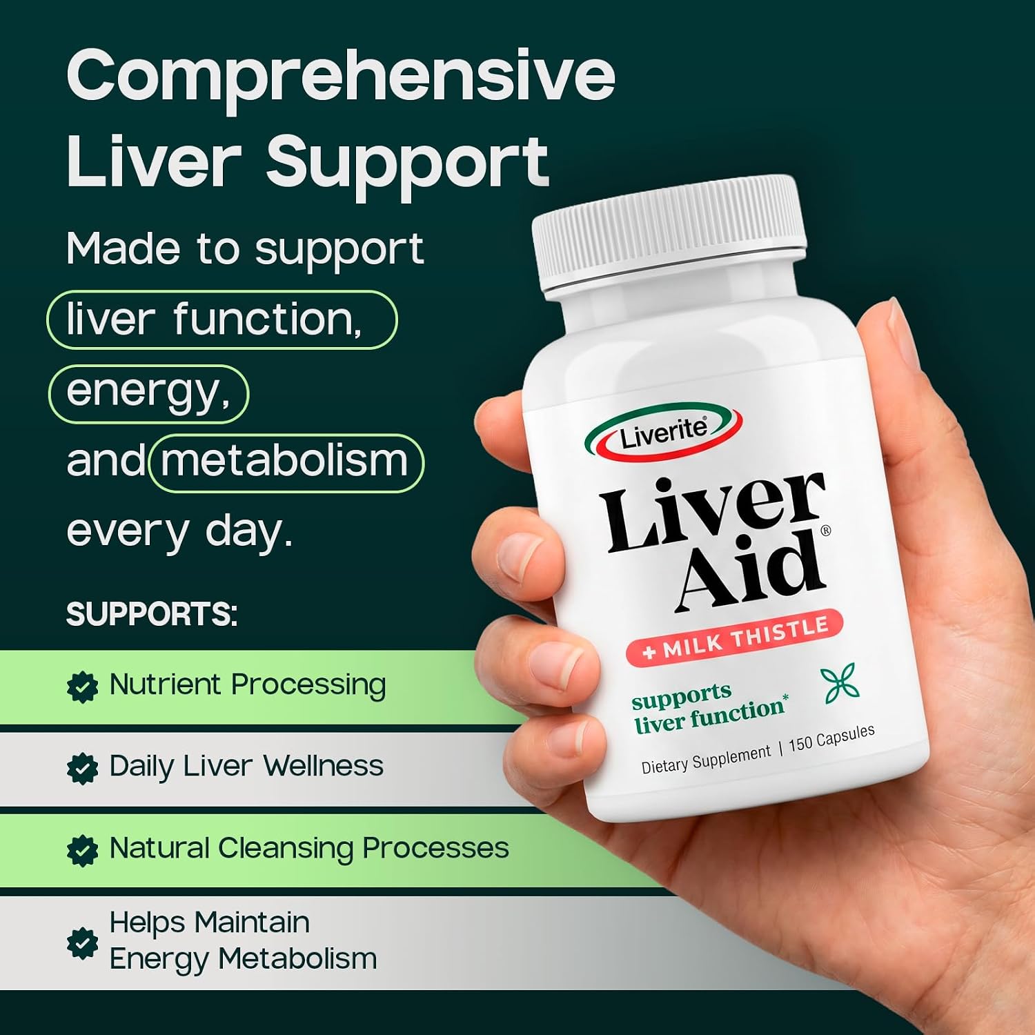 LIVERITE Liver Aid with Milk Thistle 60 Capsules, Liver Support Supplement with Amino Acids, Choline, Milk Thistle & Vitamin B12 – Supports Healthy Liver Function, Energy & Metabolism