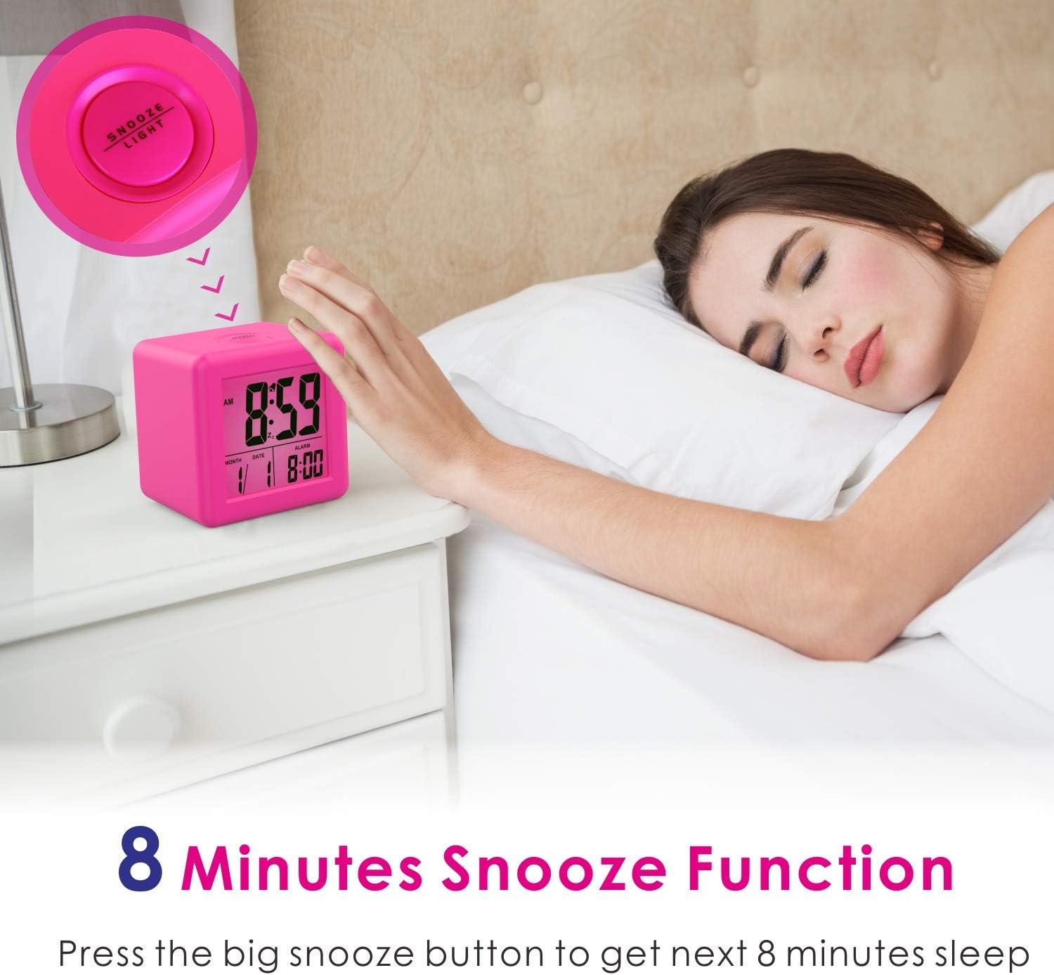 Plumeet Digital Alarm Clock Kids Clock with Snooze and White Nightlight - Easy Setting Travel Alarm Clocks Display Time, Date