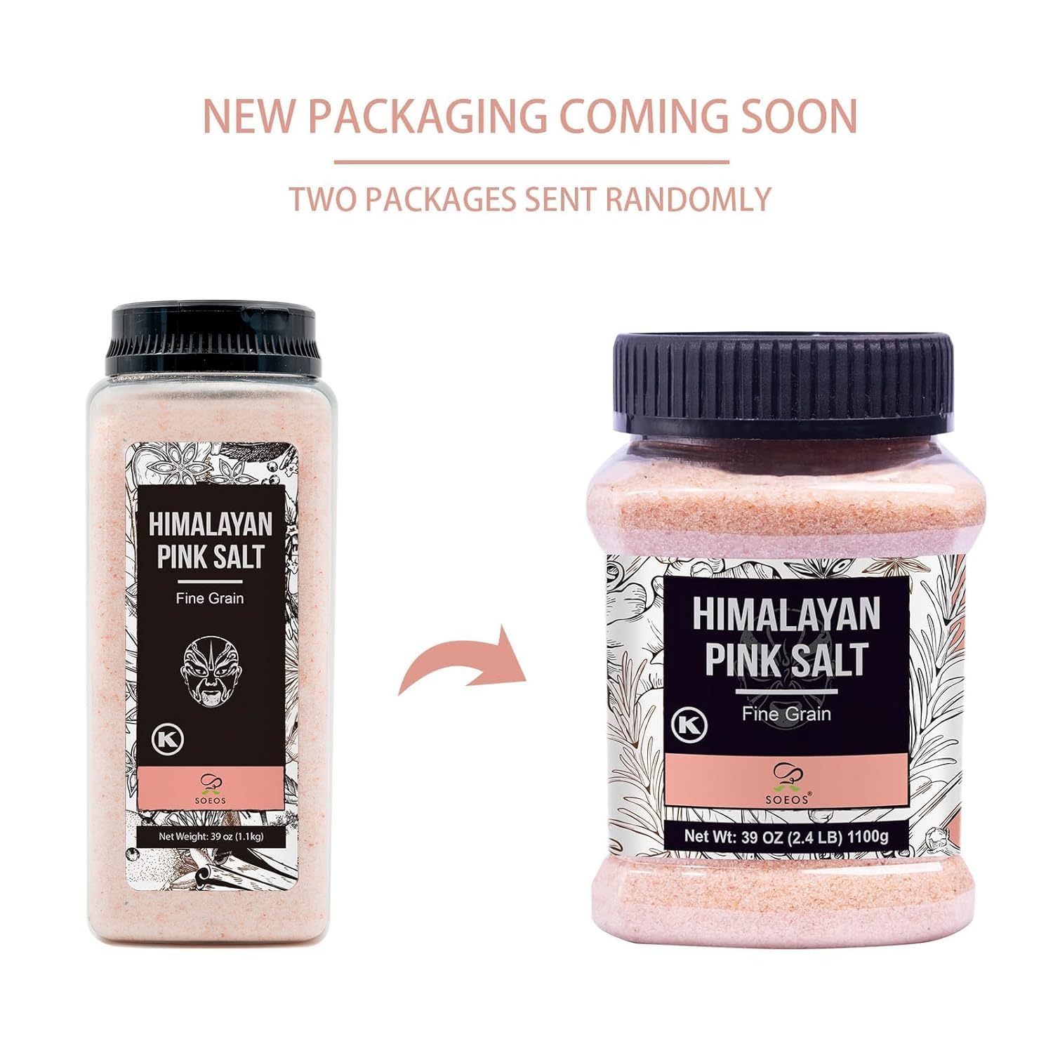 Soeos Himalayan Pink Salt, Fine Grain, 39 oz (2.4lb), Bottled