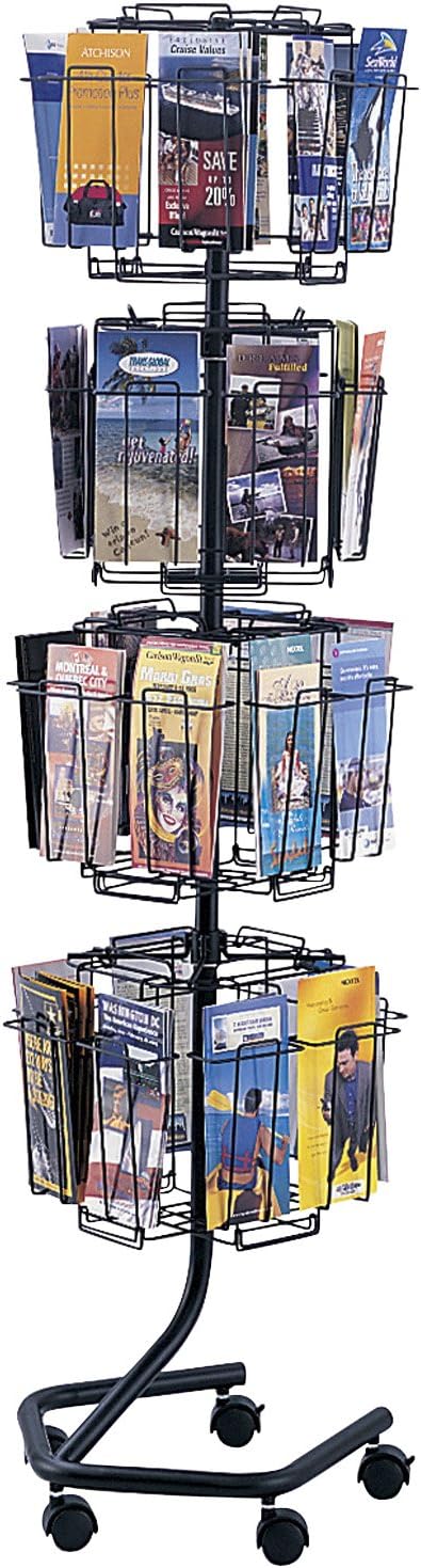 Safco Rotating Wire Magazine Holder, Metal Display Rack with 16 Pockets, 4 Tier Rolling Organizer, Powder Coat Finish, 5 Casters, Charcoal