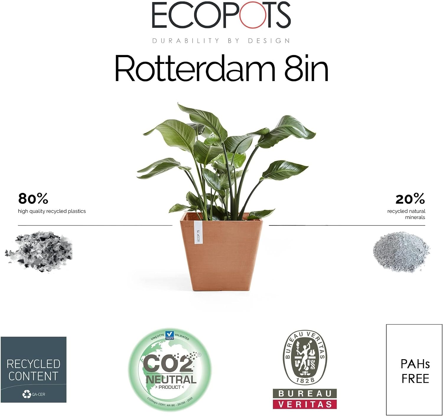 Ecopots Rotterdam Square Flower Planter, White Grey, 8" | Modern Style, Durable Recycled-Based Composite Construction, Weather and UV-Resistant, for Indoor/Outdoor Use