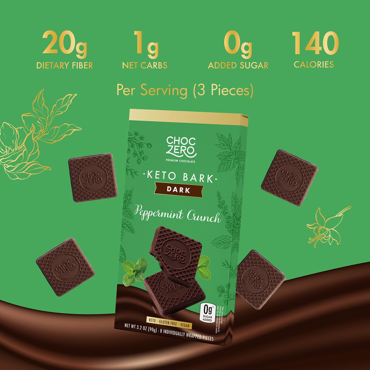 ChocZero 70% Cocoa Sugar Free Dark Chocolate Squares, Vegan, 4 Pack | No Sugar Alcohols, Keto, Low Carb, High Fiber, Gluten Free, 32 Total Candy Squares