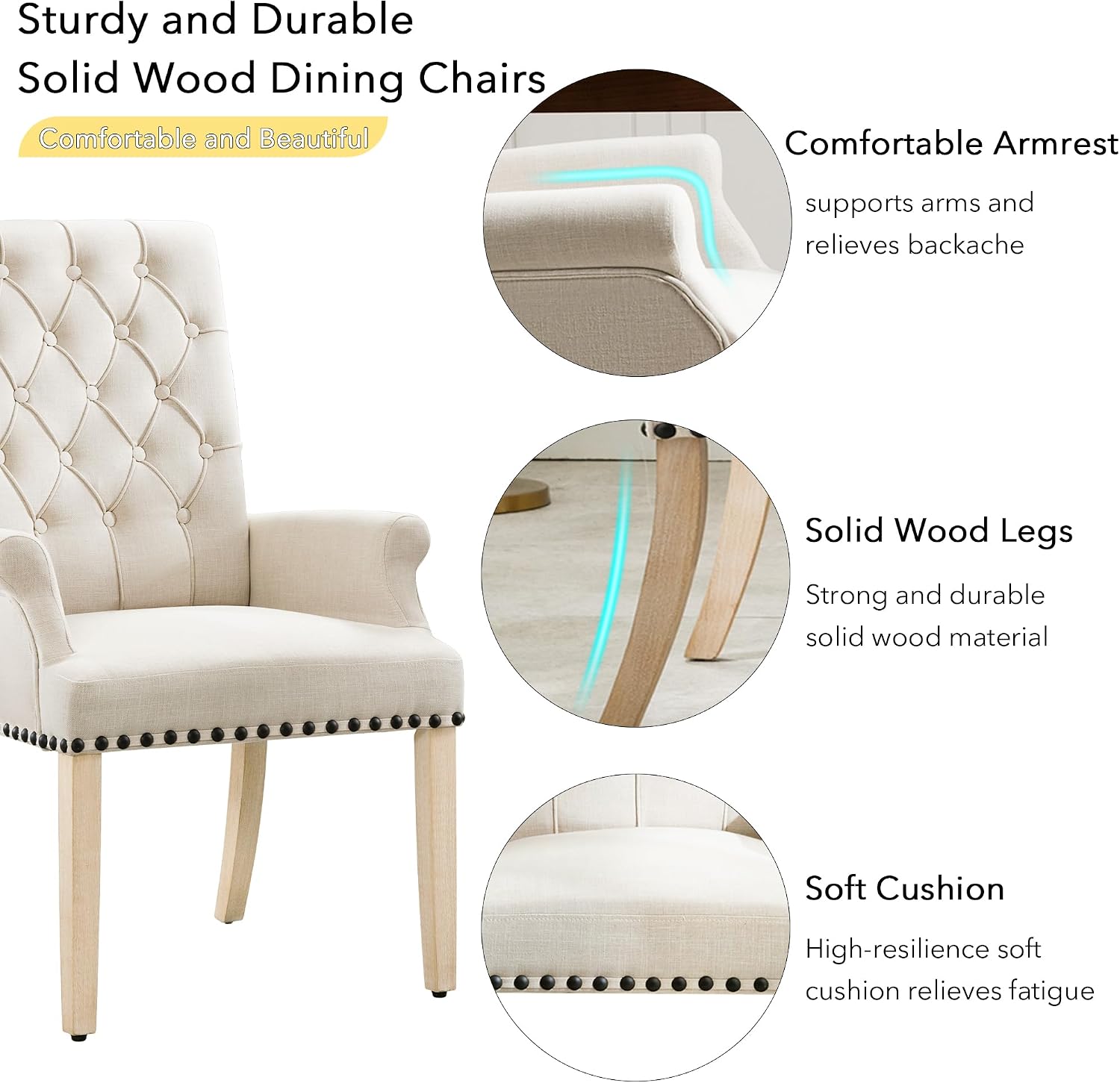 adochr Dining Chairs with Arms,Linen High Back Dining Room Chairs, Beige