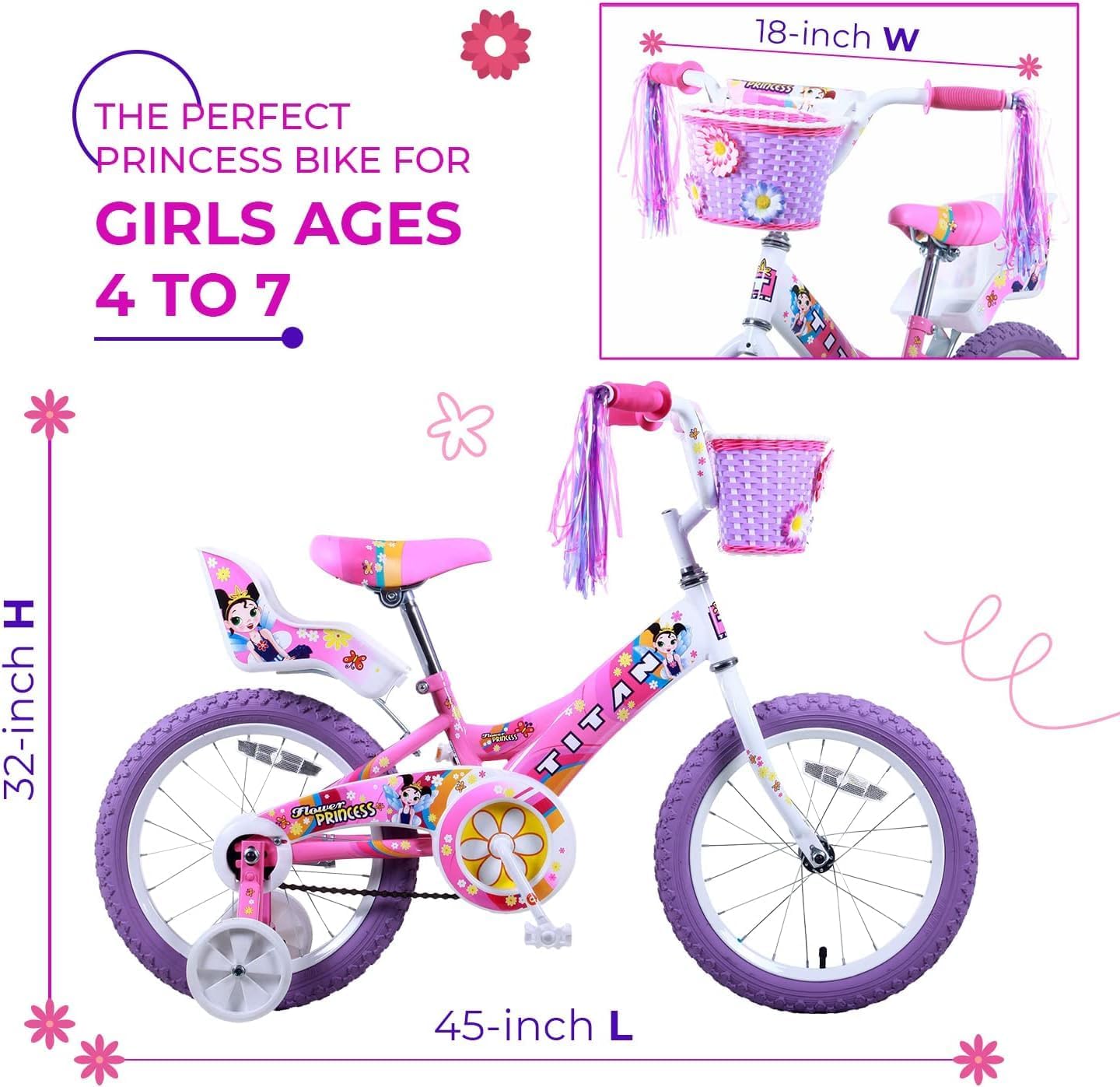 Titan Girls BMX Bike for Kids Ages 4-7, 16-Inch Wheels, 9-Inch Frame, Training Wheels, Toy Seat, Doll Basket, Streamers, First Bike, Princess Bicycle, Gift for Girls