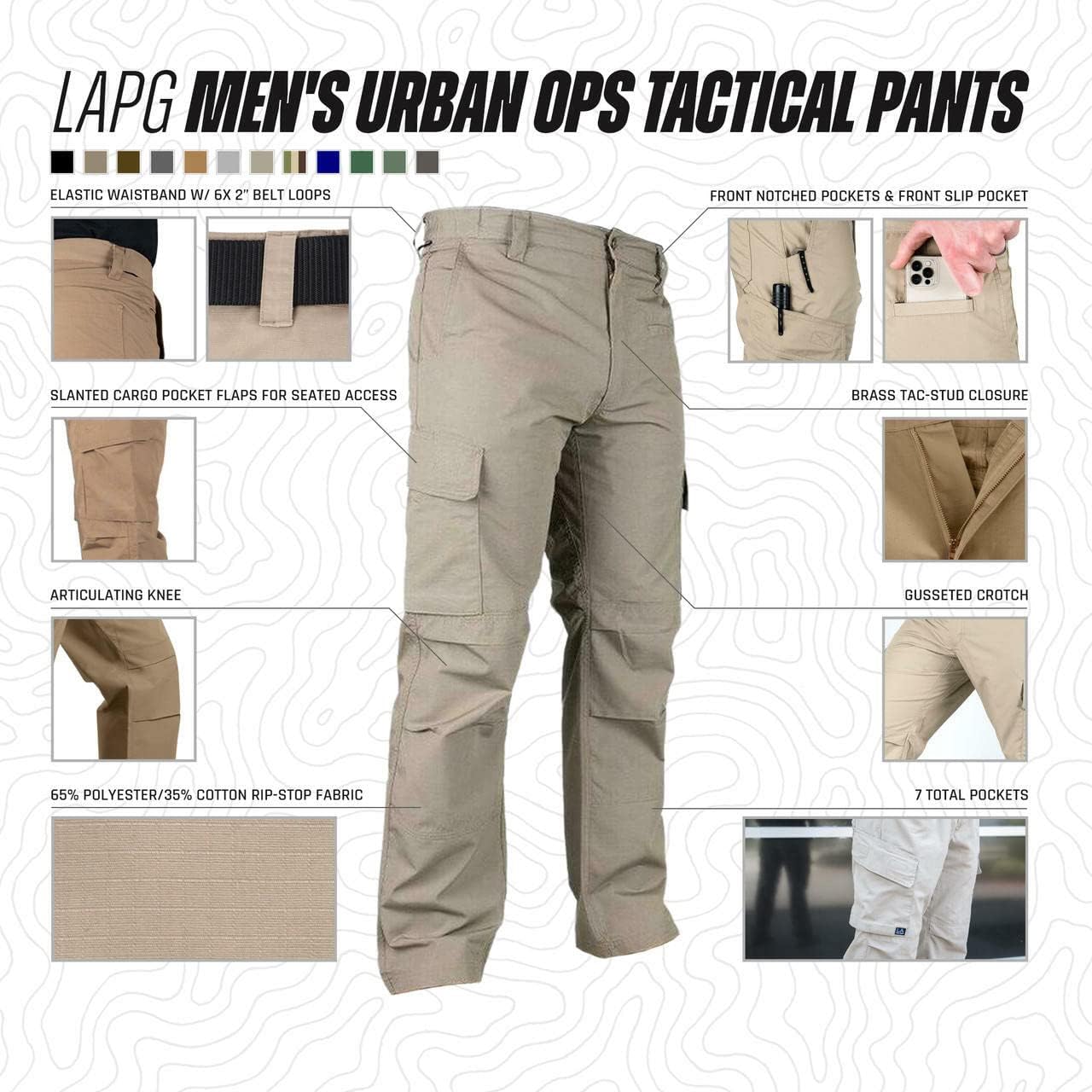 LA Police Gear LAPG Men's Urban Ops Tactical Pants | Gusseted Crotch, Ripstop, Water & Stain Resistant Work Pants for Men
