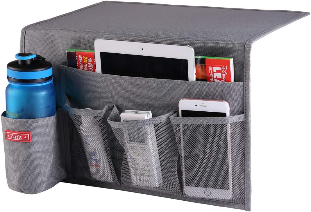 Zafit Bedside Storage Organizer, Table Cabinet Bedside Organizer Caddy for Remotes Phone Glasses (Classic 4 Pockets-Grey)