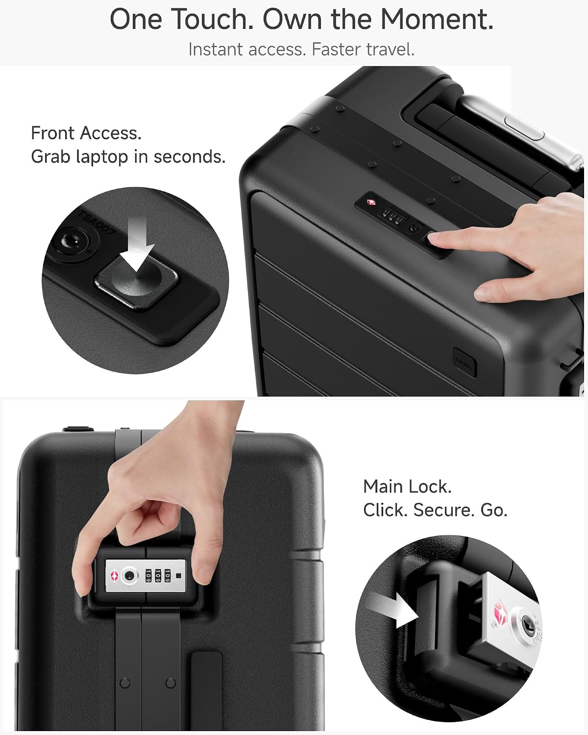 LUGGEX Front Opening Zipperless Carry On Suitcase, Black, 21" | Carry On Luggage, Front Opening, Airline Approved, TSA Lock, 8 Spinner Wheels, 36L Capacity, HUP-Pro Hard Shell, ZX-Core