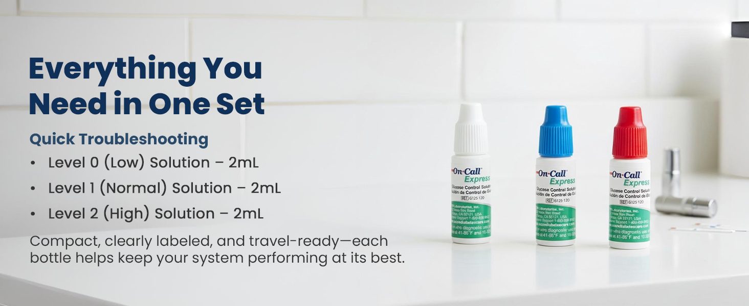 Glucose control solution set with low normal high levels for complete accuracy testing