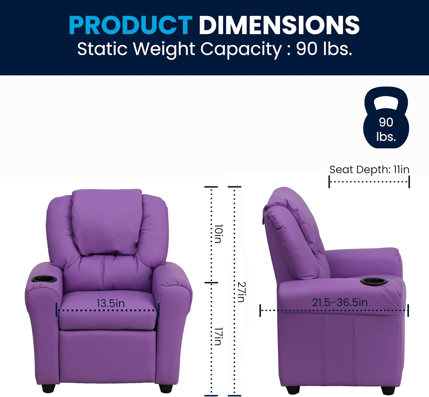 Flash Furniture Vana LeatherSoft Kids Recliner with Cup Holder, Headrest, and Safety Recline, Contemporary Reclining Chair for Kids, Supports up to 90 lbs., Brown | Manual Recline, Padded Seat and Back, Child-Friendly Design, Safety Recline Feature