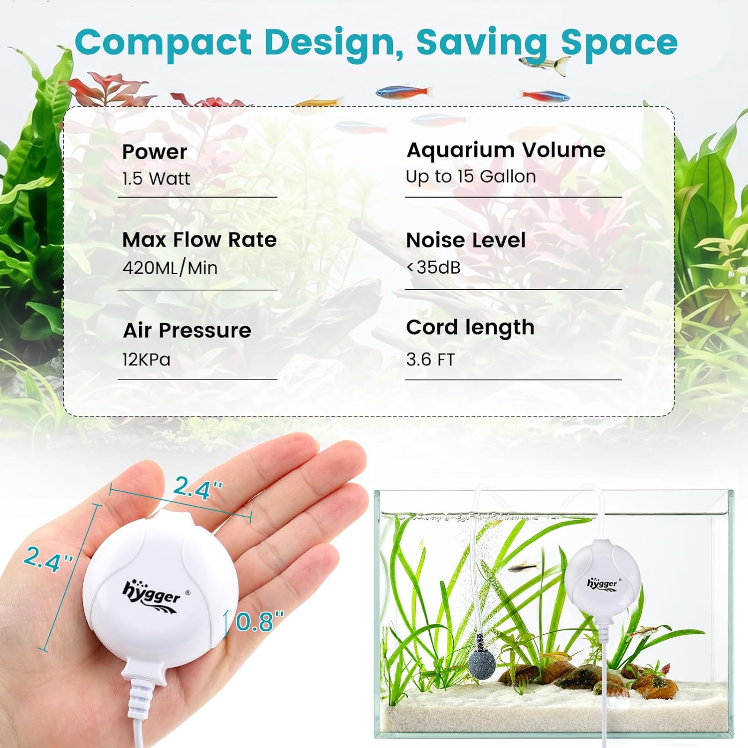 hygger Quiet Aquarium Air Pump 1.5 Watt Energy Saving Mini Oxygen Pump for 1-15 Gallon Fish Tank with Accessories White