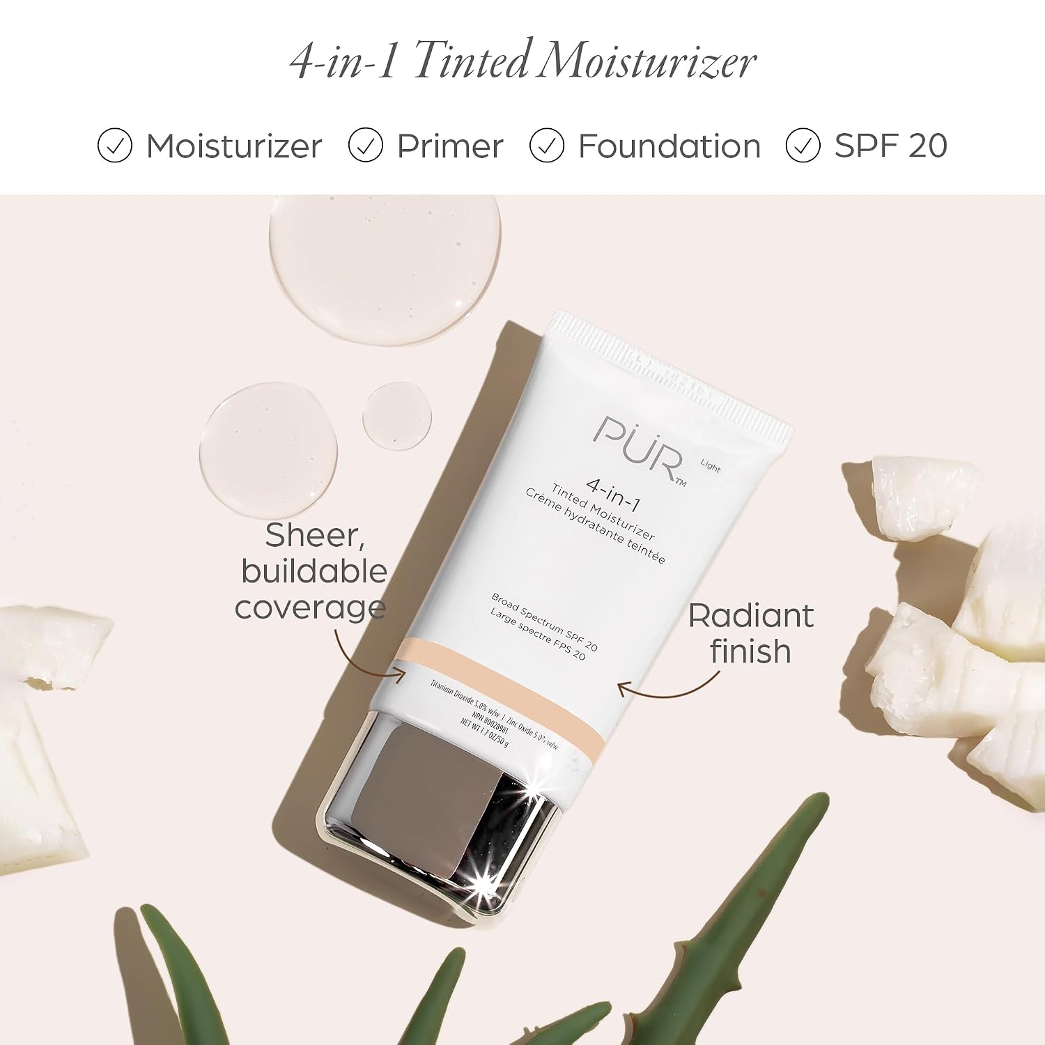 PÜR MINERALS 4-in-1 Tinted Moisturizer With SPF 20 - Hydrating Face Moisturizer, Primer, & Foundation With Shea Butter
