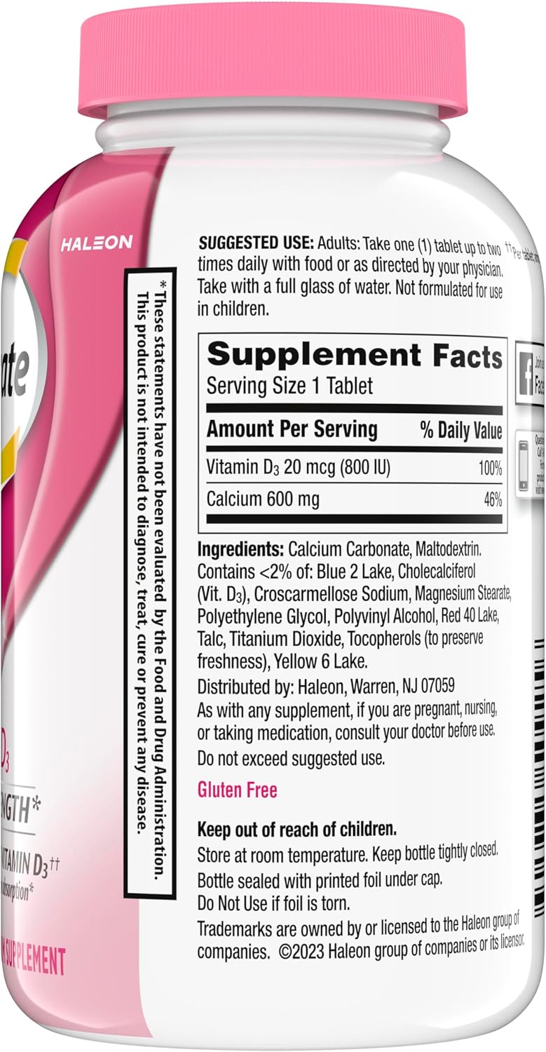 Caltrate 600 Plus D3 Vitamin D and Calcium Supplement Tablets, 200 Count | Highest Level of Vitamin D3