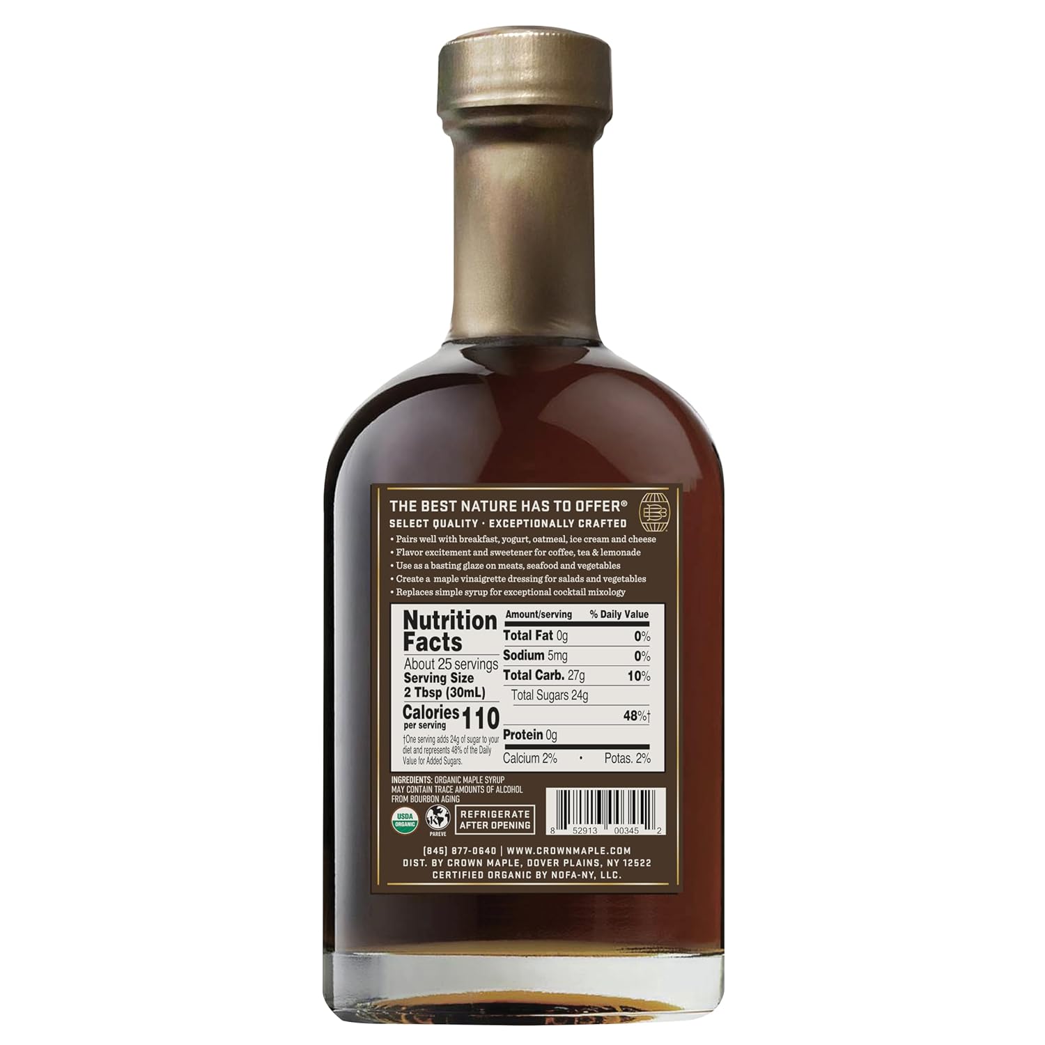 Crown Maple Organic Bourbon Barrel Aged Maple Syrup, Pancakes, Flavor Cocktails, Marinades and Sauces, 12.7 Fl Oz