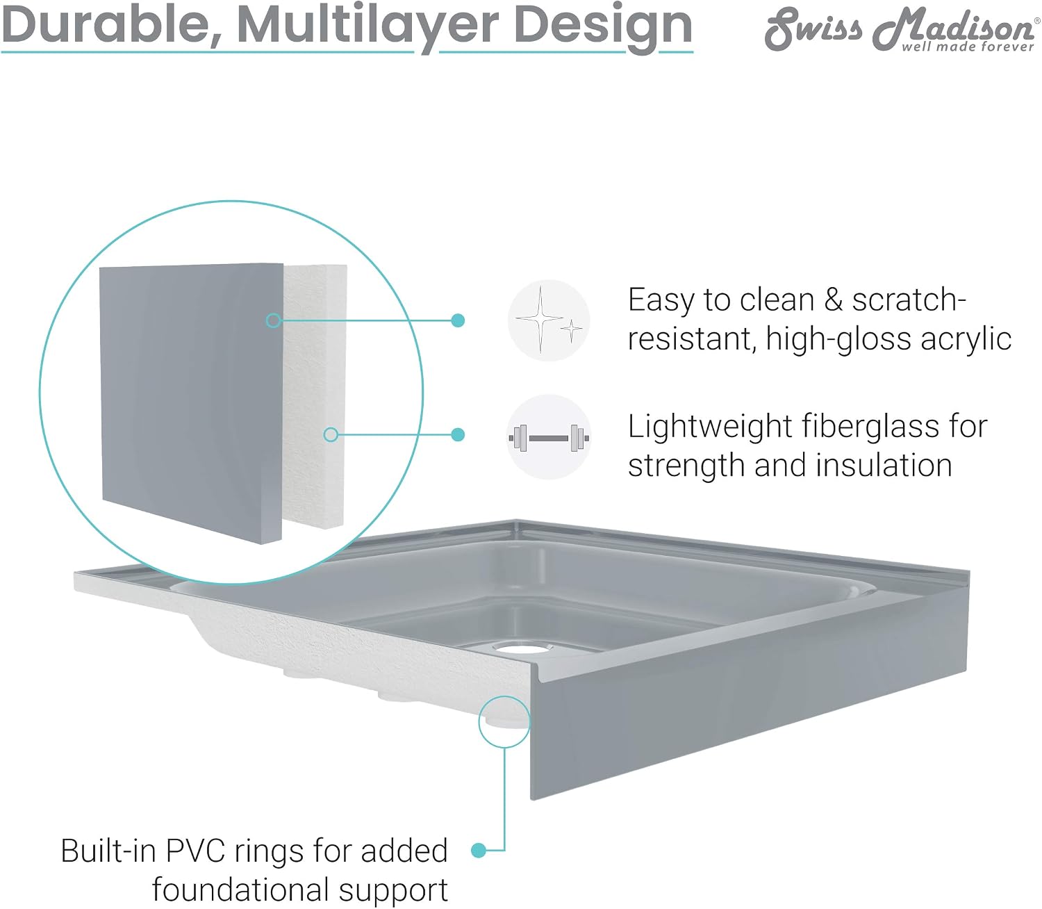 Voltaire 60" x 32" Single-Threshold, Right-Hand Drain, Shower Base in Gray