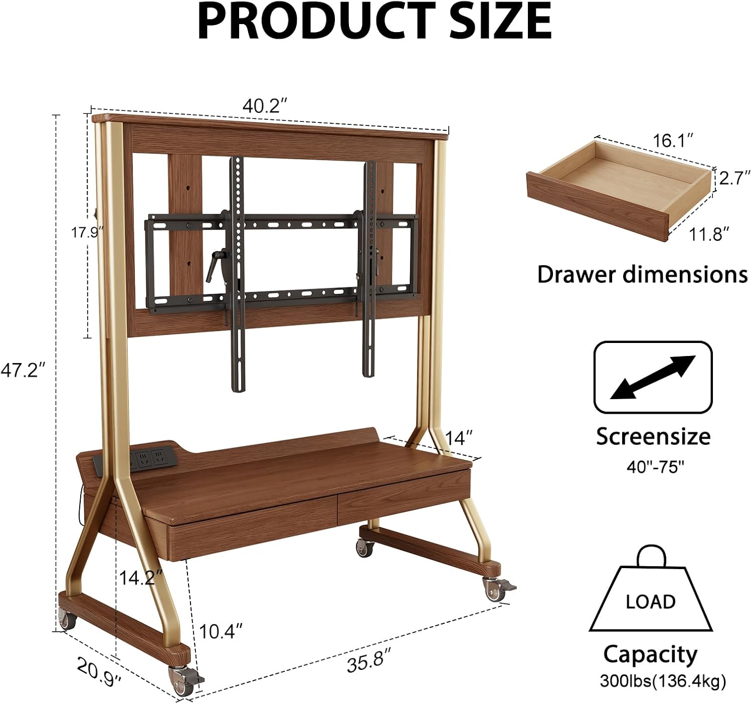 AnywaysWood TV Cart Rolling TV Stand with Wheels for Most 40-75" TVs up to 300lbs Height Adjustable, Tilting, Tall Heavy Duty TV Stand with 2 Drawers Power Strip, for Living Room