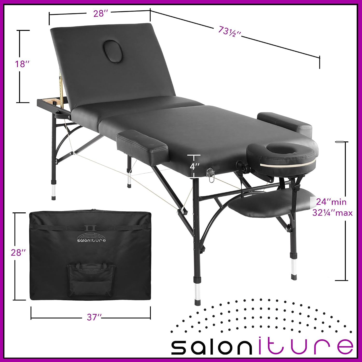 Saloniture Professional Portable Lightweight Tri-Fold Massage Table with Aluminum Legs - Includes Headrest, Face Cradle