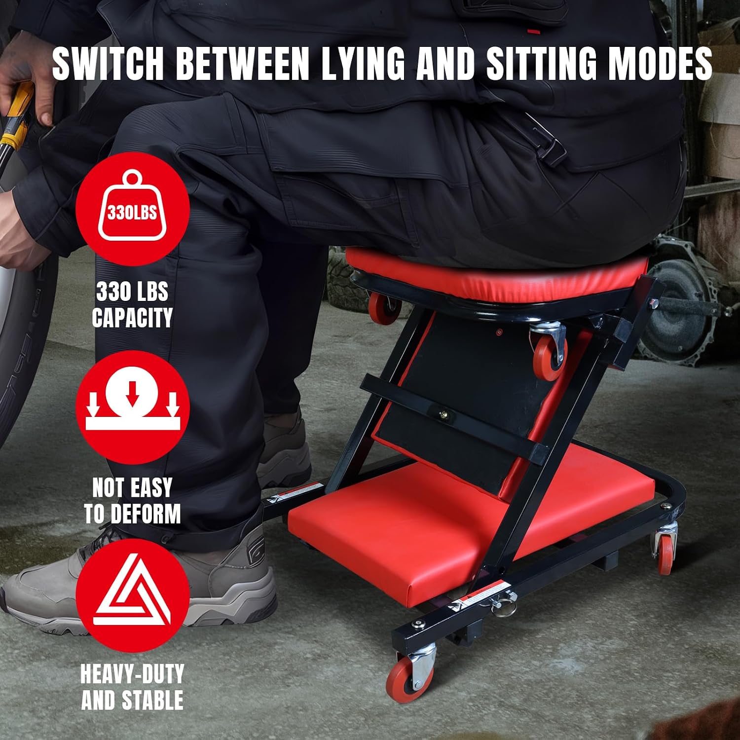 BIG RED Rolling Garage/Shop Creeper: 2-Piece, 36" Padded Mechanic Cart with Headrest and 6 Casters, Red,AR7565B,Torin